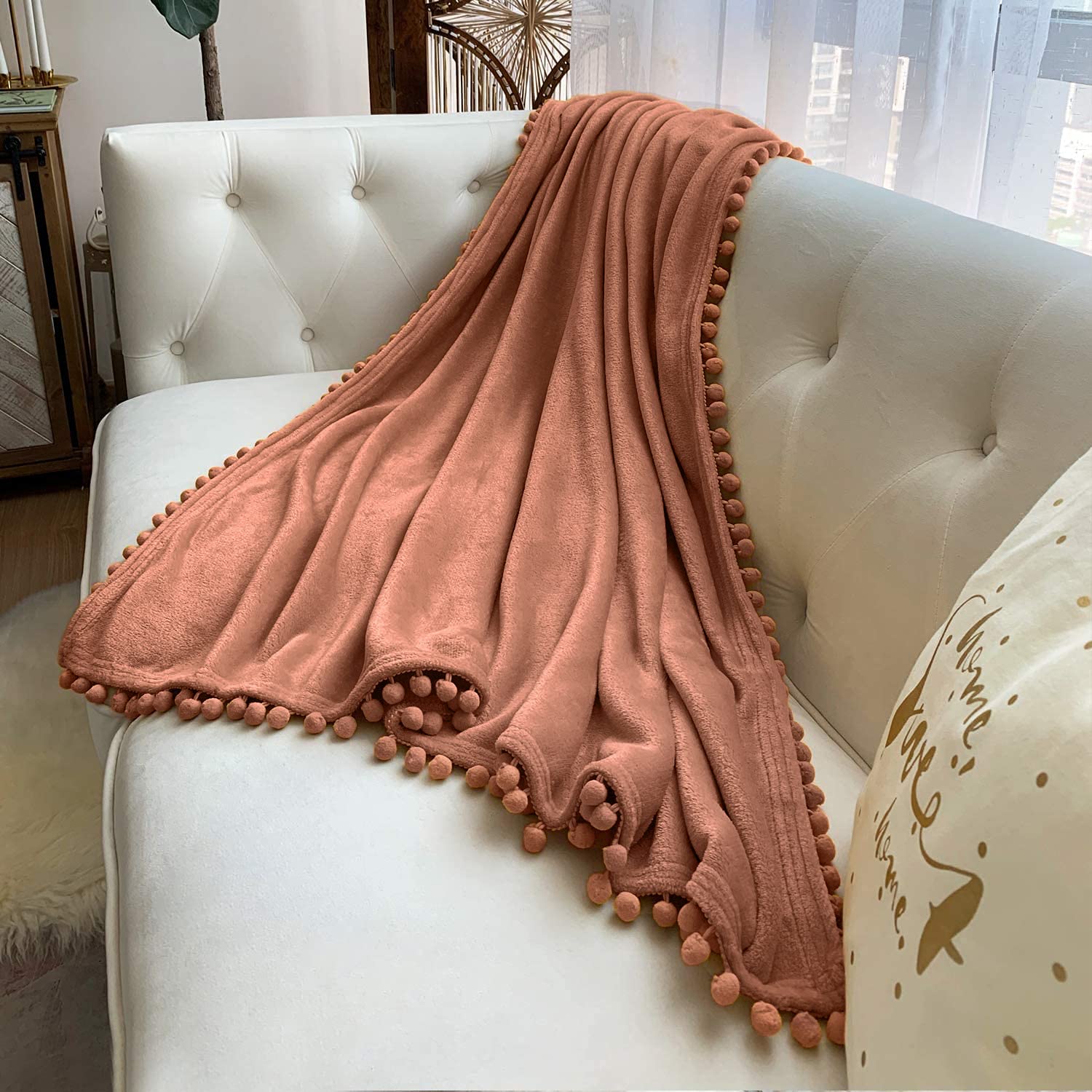 LOMAO Soft Flannel Blanket with Pompom Fringe - Lightweight Cozy Throw Blanket for Bed, Couch & Sofa - All Season Warm Fleece Blanket (Caramel, 60