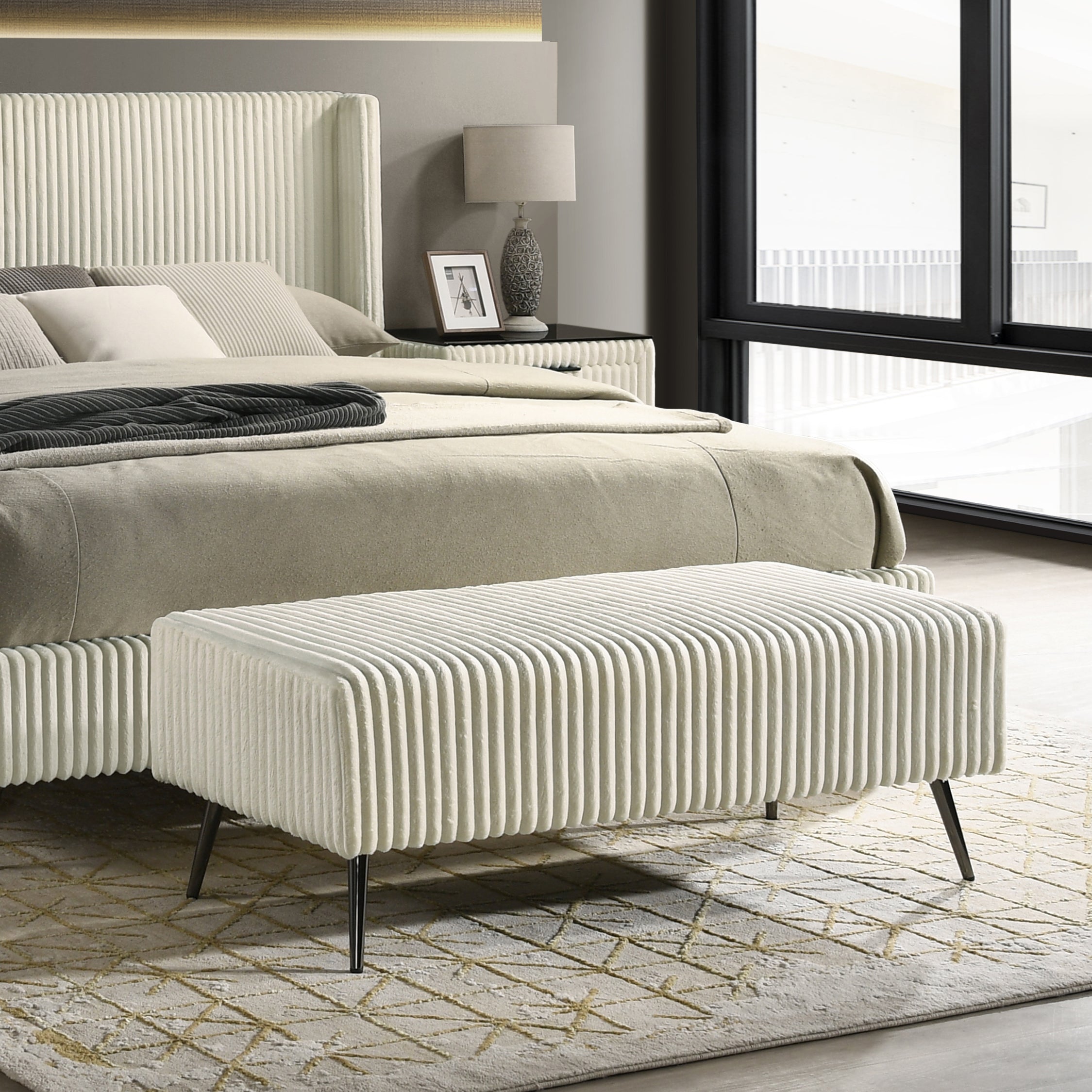 Roundhill Furniture Mavela Wide Wale Corduroy Upholstered Panel Bed - Queen Size Cream Upholstery Bed Frame for Bedroom, Living Room & Guest Room