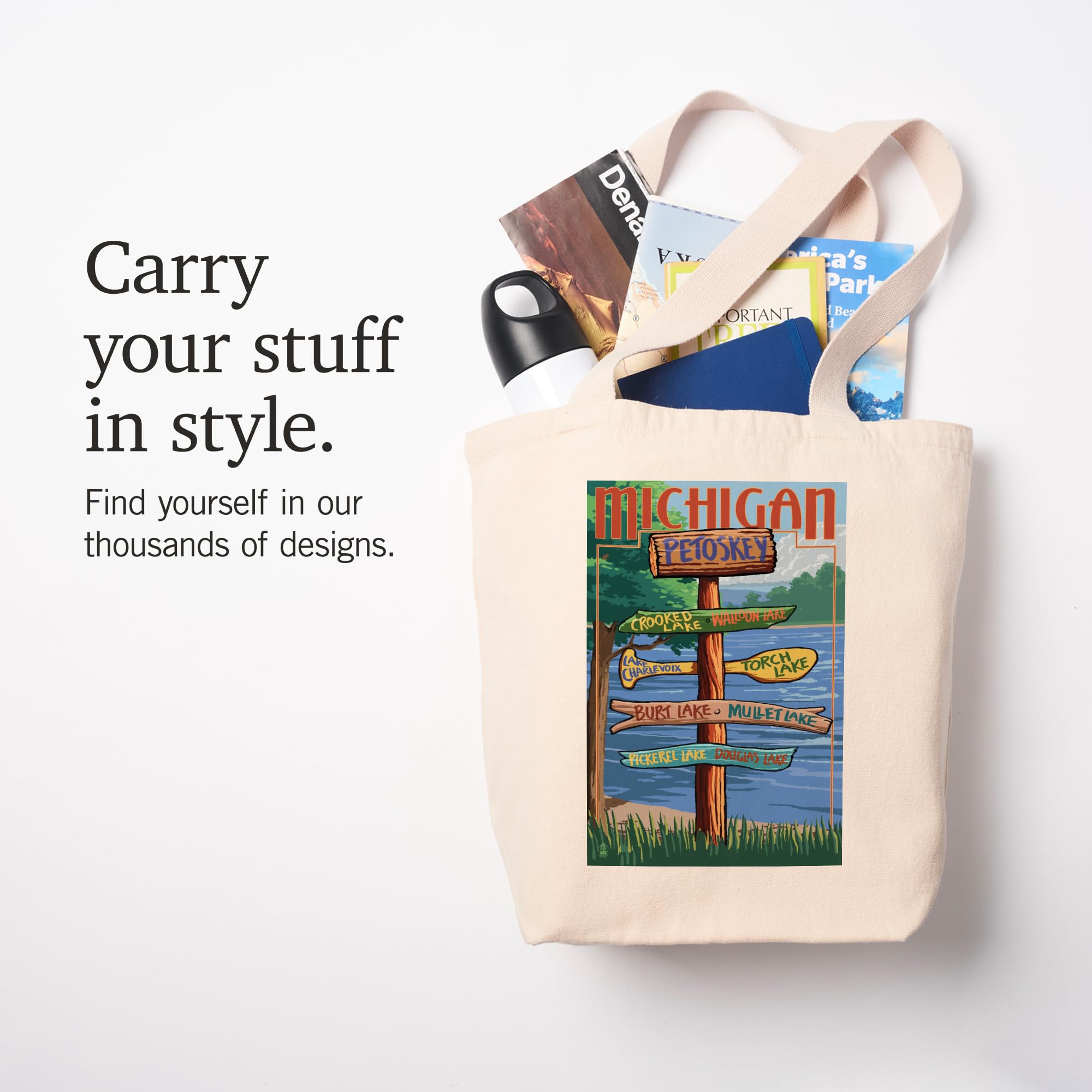 Lantern Press Petoskey Michigan Destinations Sign Tote Bag - 100% Cotton Canvas Reusable Shopping Bag for Groceries, Beach & Travel