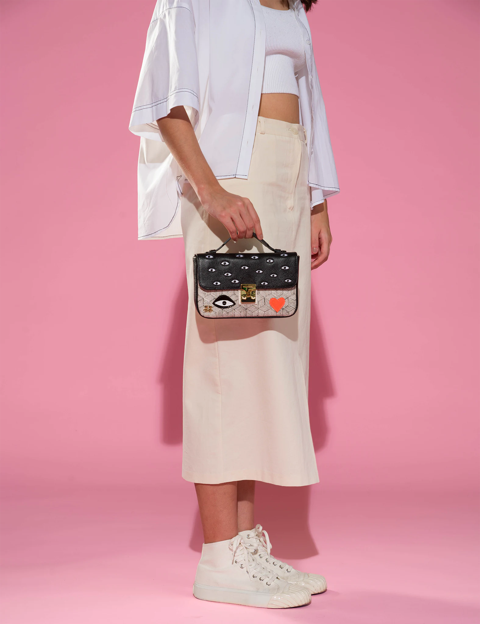 Amantis Black and Cream Leather Crossbody Mini Handbag with All Over Eyes Embroidery - Stylish Small Purse for Women, Perfect for Date Night, Parties, and Everyday Use