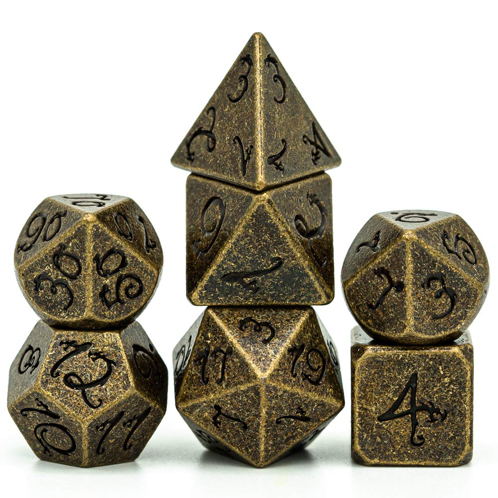Premium 7-Piece Metal D&D Dice Set with Dragon Font - Bronze Polyhedral RPG Dice for Dungeons & Dragons, Pathfinder & MTG - Includes Durable Metal Storage Box - Perfect for Tabletop Gaming, Math Teaching & Collector's Display