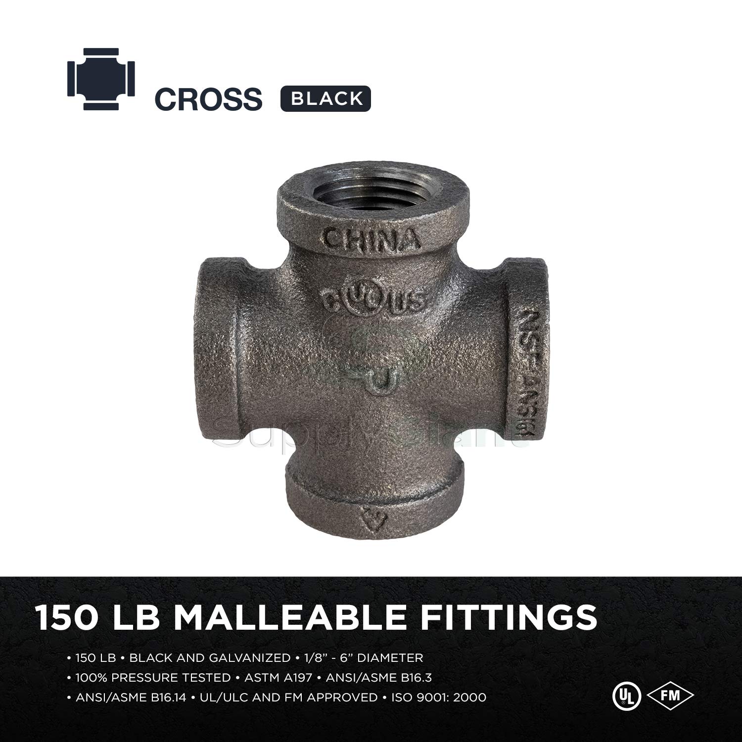 3/4 Inch Black Malleable Iron Cross Fitting - Heavy Duty Pipe Connector for Plumbing, HVAC, and Industrial Applications - Perfect for Water, Gas, and Steam Systems