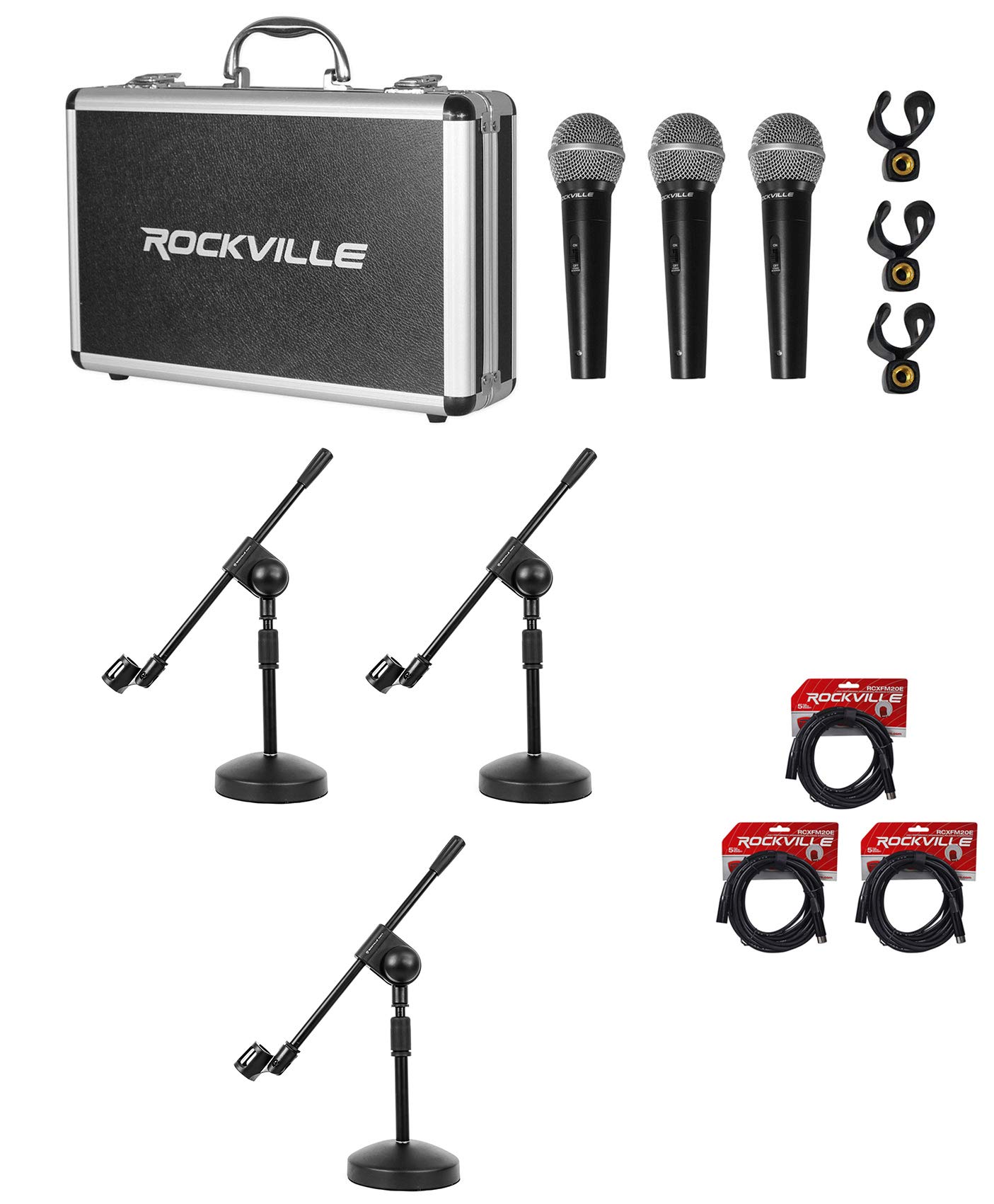 Rockville 3-Pack Professional Metal Dynamic Microphones with Carrying Case & Boom Stands - Perfect for Live Performances, Studio Recording & Podcasting