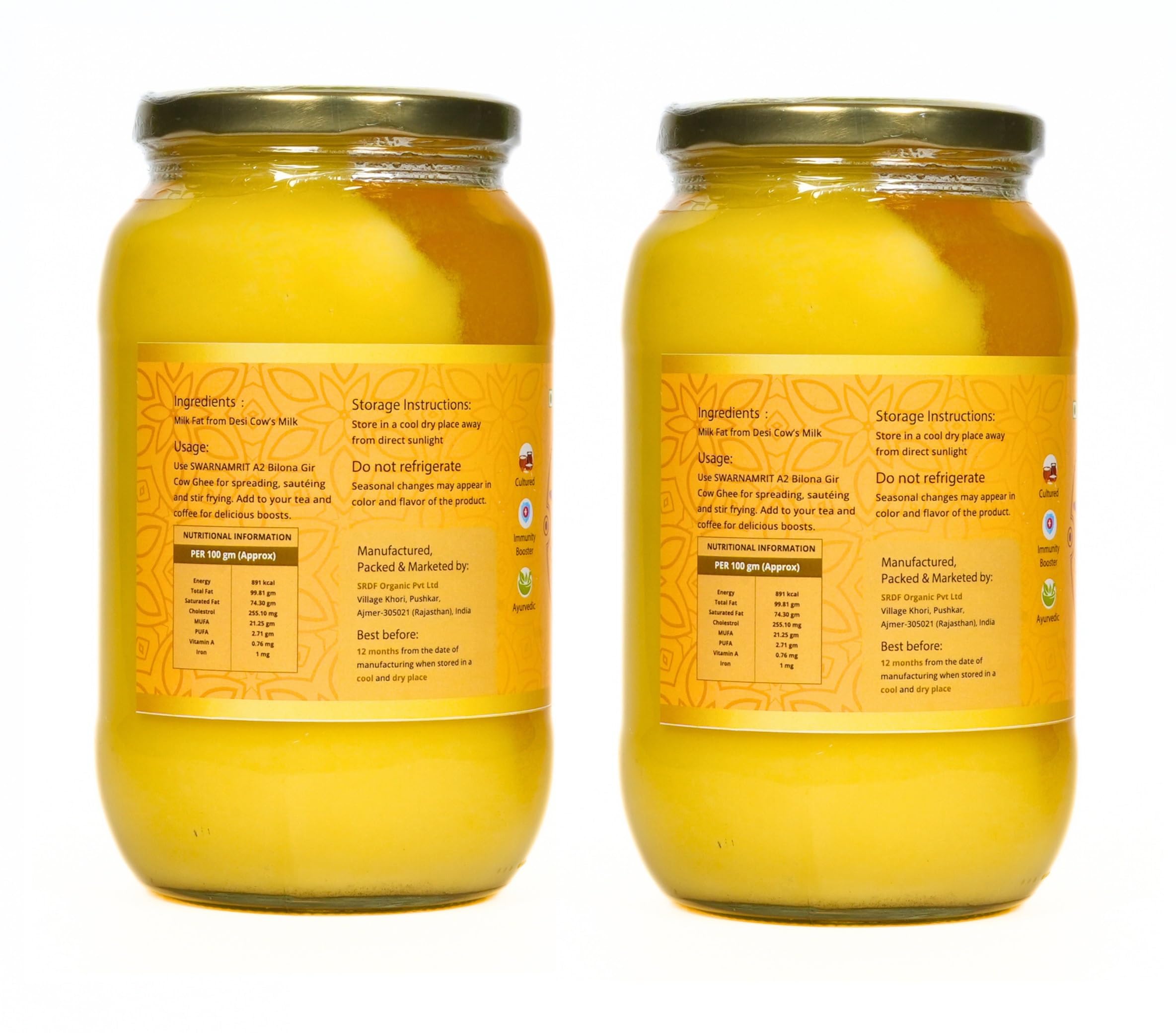 Premium SWARNAMRIT A2 Desi Gir Cow Ghee - 100% Pure Vedic Bilona Method - Glass Jar (1 Liter X 2 Pack) - Ideal for Cooking, Ayurvedic Remedies & Healthy Lifestyle