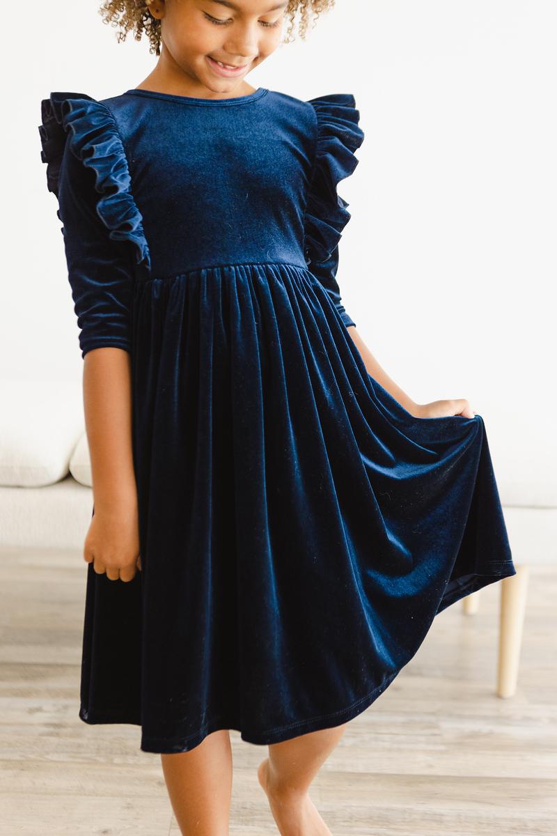 Navy Blue Velvet Ruffle Twirl Dress for Girls | Elegant Party Dress for Weddings, Holidays & Special Occasions