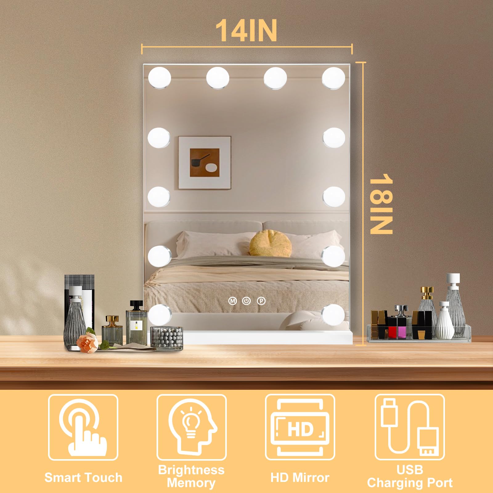 Hollywood Vanity Mirror with LED Lights - 12 Bulbs, 3 Color Modes, Adjustable Brightness, USB Charging Port, Aluminum Frame (14