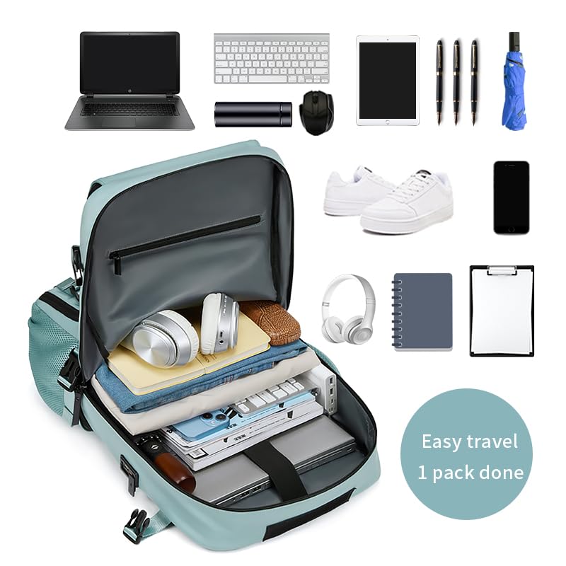 Waterproof 16 Inch Women's Travel Backpack with USB Charging Port & Shoe Compartment - Lightweight Hiking Backpack for Business, Commuting & Outdoor Adventures (Green)