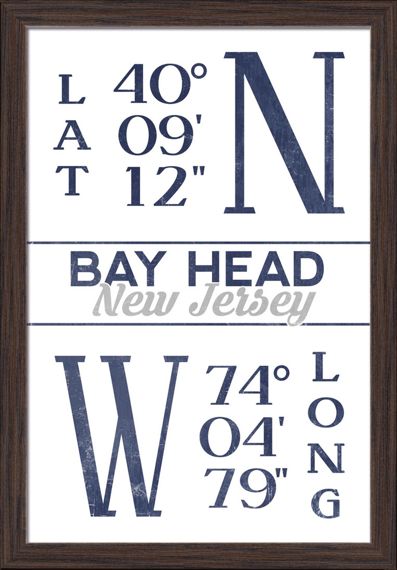 Bay Head New Jersey Latitude Longitude Blue 16x24 Giclee Fine Art Print - Recycled Wood Frame in Espresso Brown - Coastal Home Decor, Office Wall Art, New Jersey Shore Gift