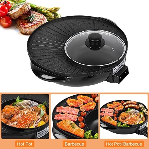 2 in 1 Electric Hot Pot and Grill - Non-Stick BBQ Grill Plate with Glass Lid, Adjustable Temperature for Indoor Cooking - Perfect for Home Kitchen, Camping & Small Space Apartments