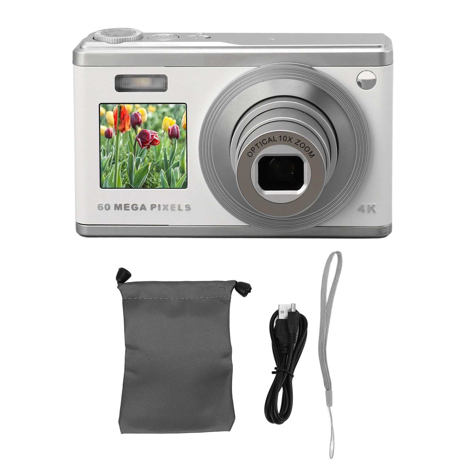 60MP 4K Digital Camera with Dual-Screen & Autofocus | 10x Optical Zoom | Anti-Shake | Compact Portable Camera for Travel, Vlogging & Outdoor Photography | Automatic Shooting Modes (White)