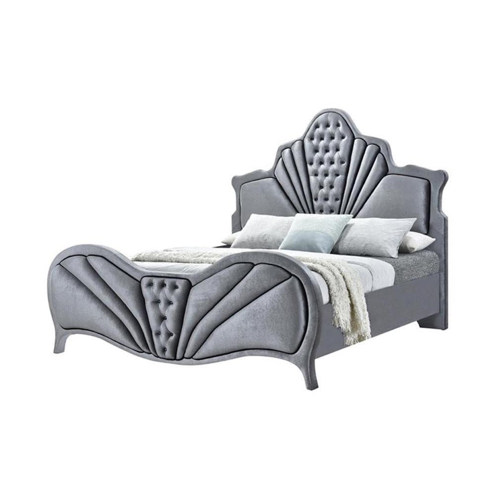 Acme Dante Eastern King Size Bed Frame in Gray Velvet Fabric - Luxurious Upholstered Platform Bed for Master Bedroom, Guest Room & Modern Home Decor