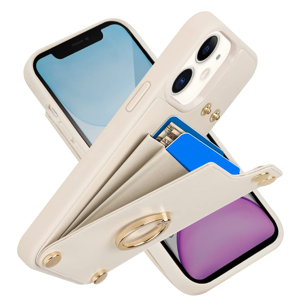 LAMEEKU Leather Wallet Case for iPhone 11 (6.1 Inch) - RFID Blocking Card Holder with 360° Rotating Ring Kickstand | Protective Phone Cover with Snap Button | Perfect for Work, Travel & Daily Use (Beige, 2019 Model)