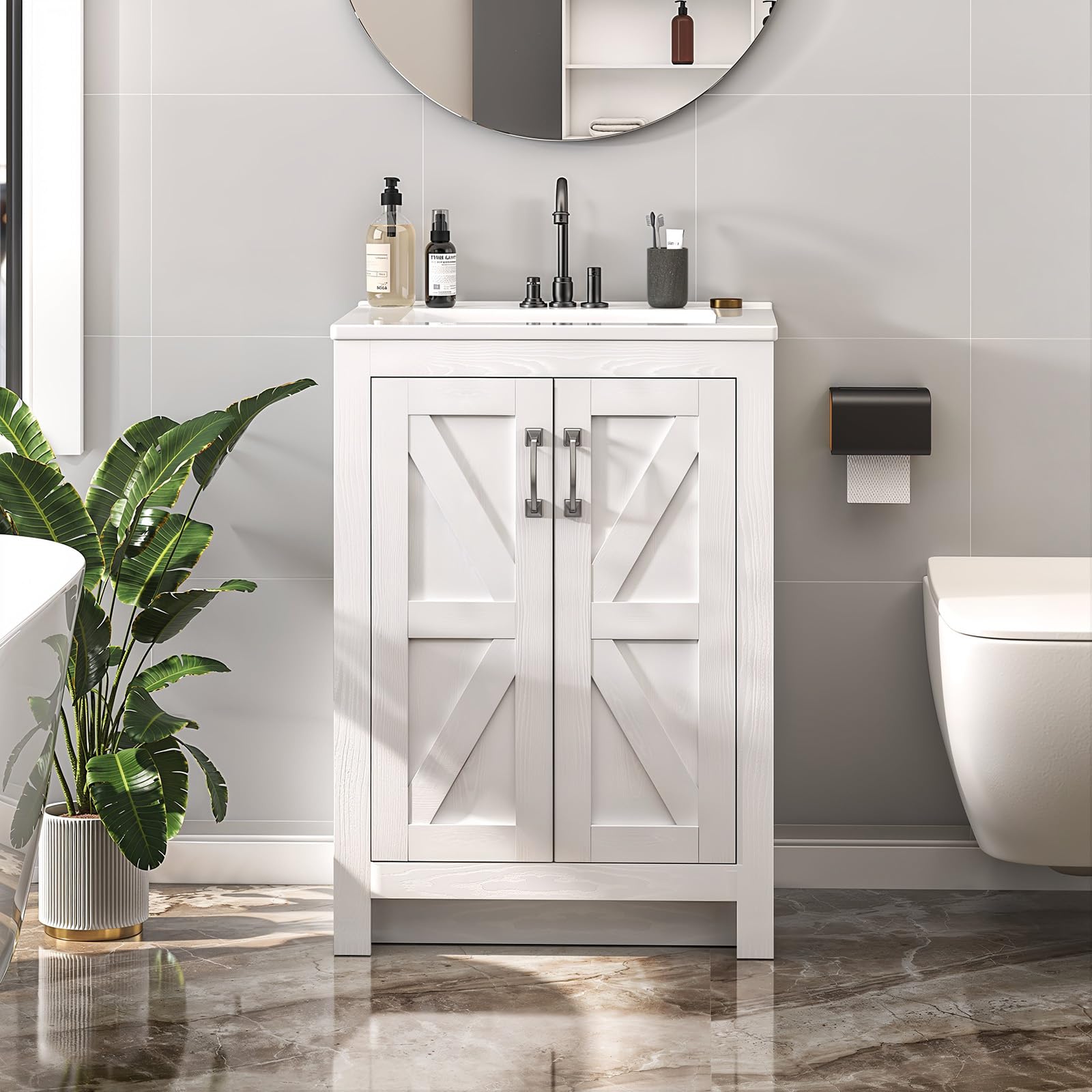 24 Inch Modern Bathroom Vanity with Ceramic Sink - 2 Door 2 Tier Storage Cabinet, Thickened Wood Construction - Perfect for Small Bathrooms, Powder Rooms & Guest Baths