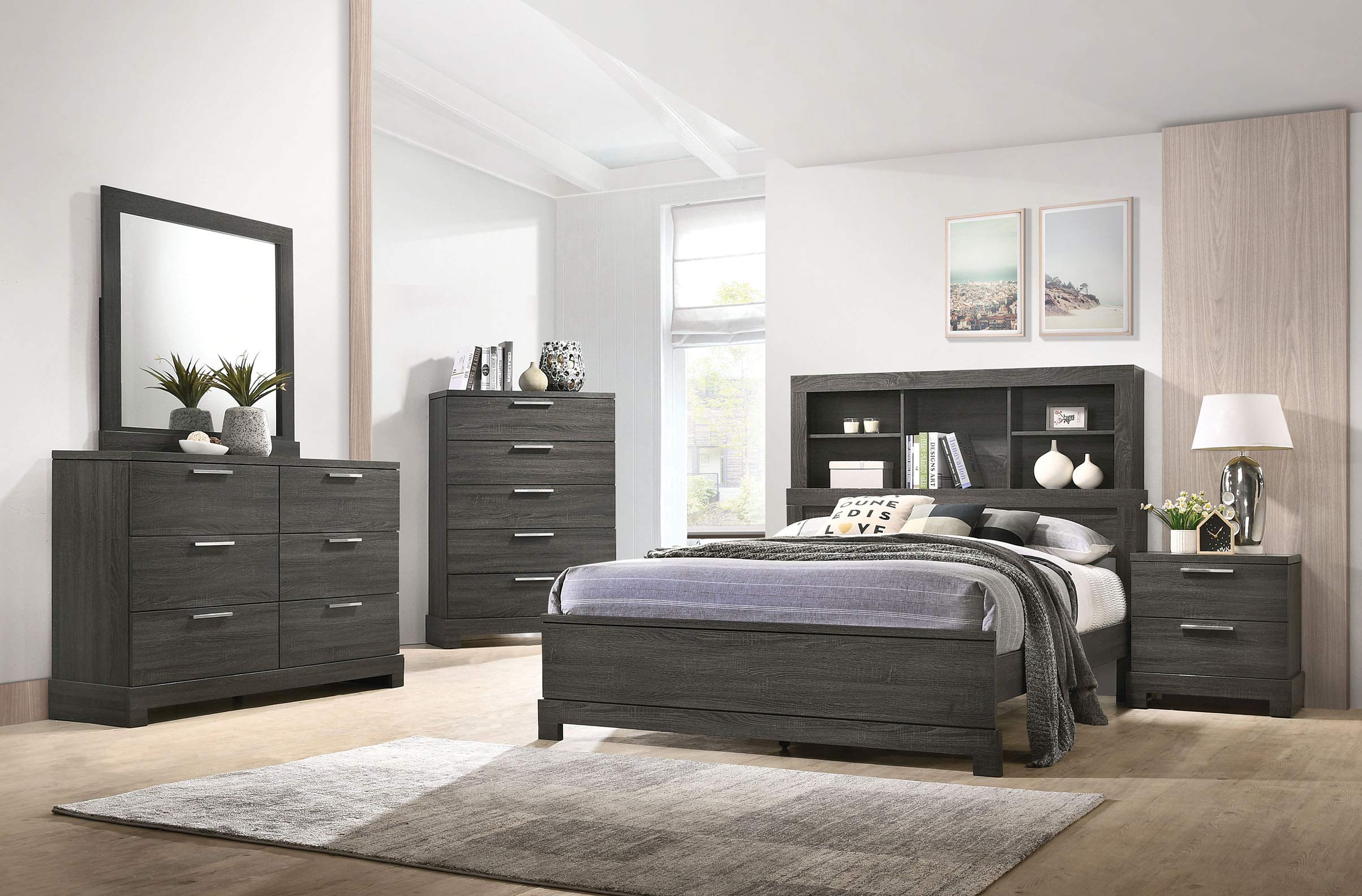 ACME Lantha Queen Size Bed Frame with Storage Drawers - Gray Oak Finish - Modern Platform Bed with Underbed Storage for Small Space Bedroom