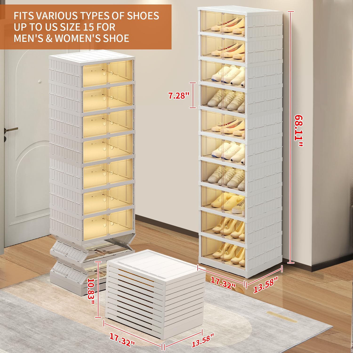 10-Tier Foldable Shoe Storage Box - Holds 10-20 Pairs of Shoes | Large Plastic Shoe Organizer Rack for Closet | Clear Stackable Shoe Shelf Cabinet with Doors | Quick Assembly | Perfect for Bedroom, Entryway & Dorm Organization