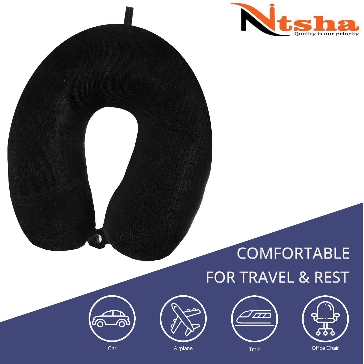 Nitsha Velvet Travel Neck Pillow - Ultra Soft & Comfortable Head & Neck Support for Airplane, Car & Office - Black