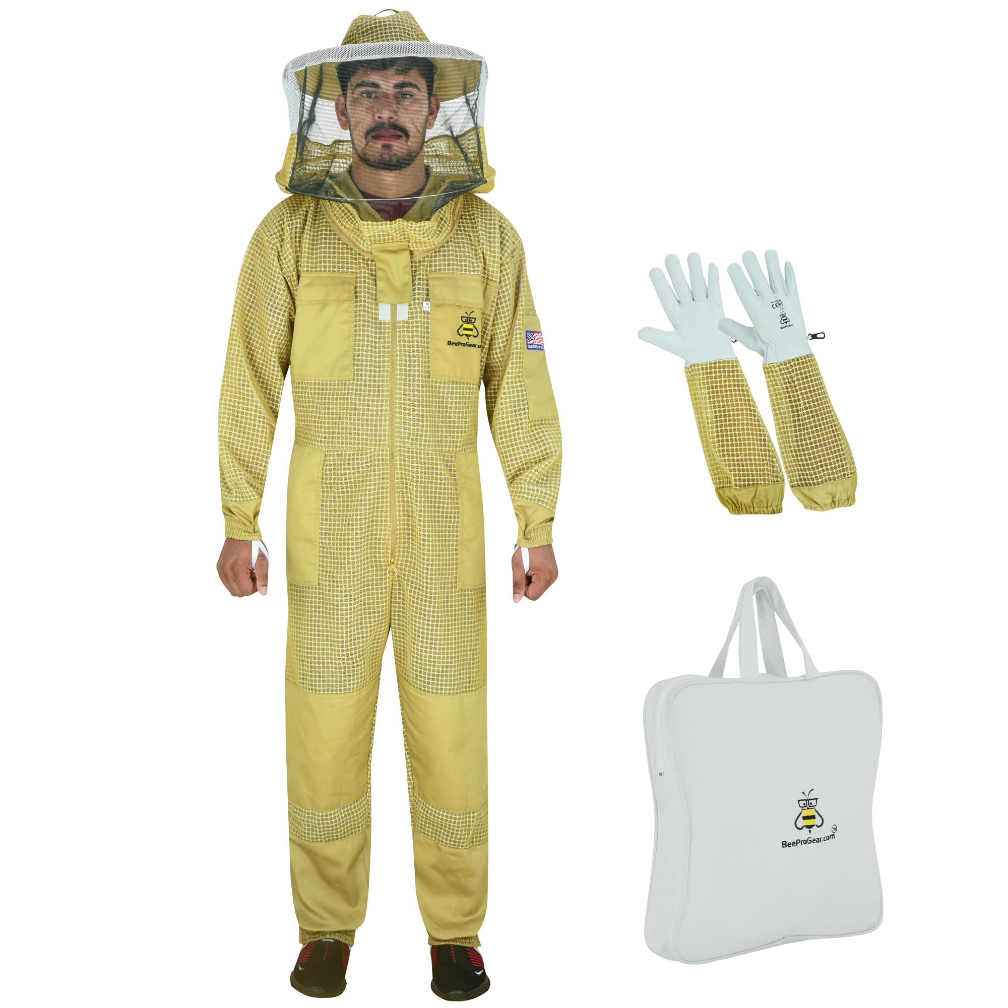 BeeProGear 3-Layer Ultra Ventilated Mesh Beekeeping Suit with Round Veil - Sting-Proof Beekeeping Jacket & Pants Set with Leather Gloves & Storage Bag (Medium Brown) | Professional Beekeeping Gear for Men & Women | Ideal for Honey Harvesting, Hive Inspection & Apiary Work