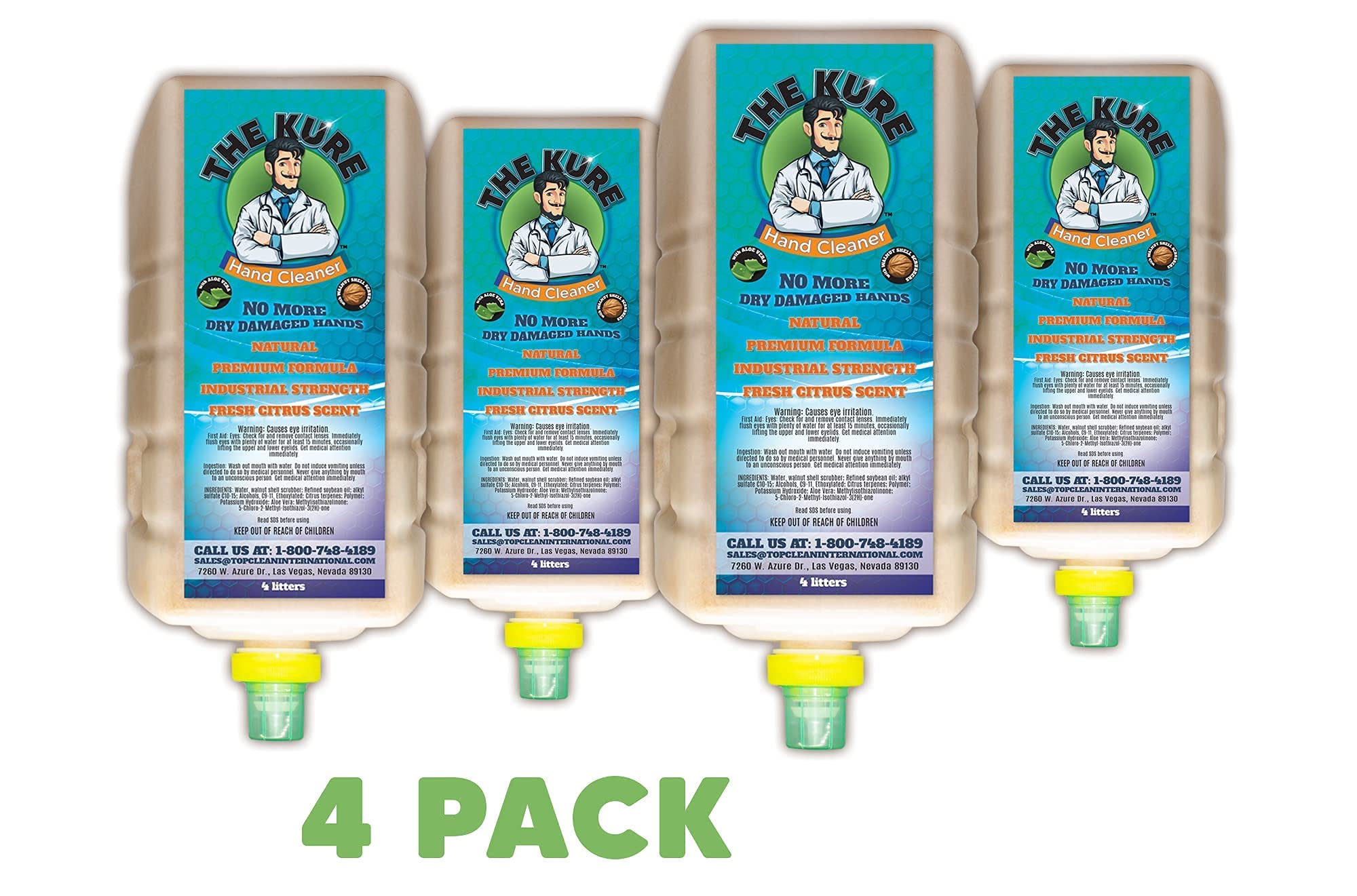 Kure Natural Industrial Premium Hand Cleaner Refill - 4 Pack (No Dispenser Included) | Heavy-Duty Degreaser for Mechanics, Construction & Auto Repair