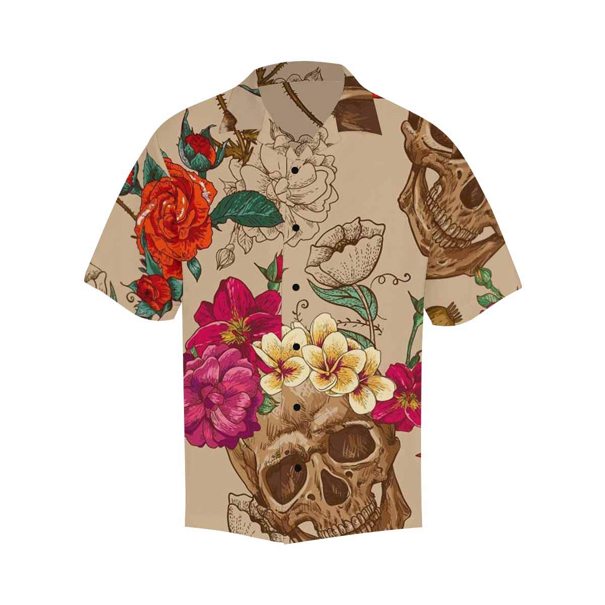 **InterestPrint Men's Hawaiian Shirt - Black Button V-Neck Short Sleeve Shirt with Skull & Floral Vintage Pattern - Casual Beachwear, Summer Vacation & Party Outfit**