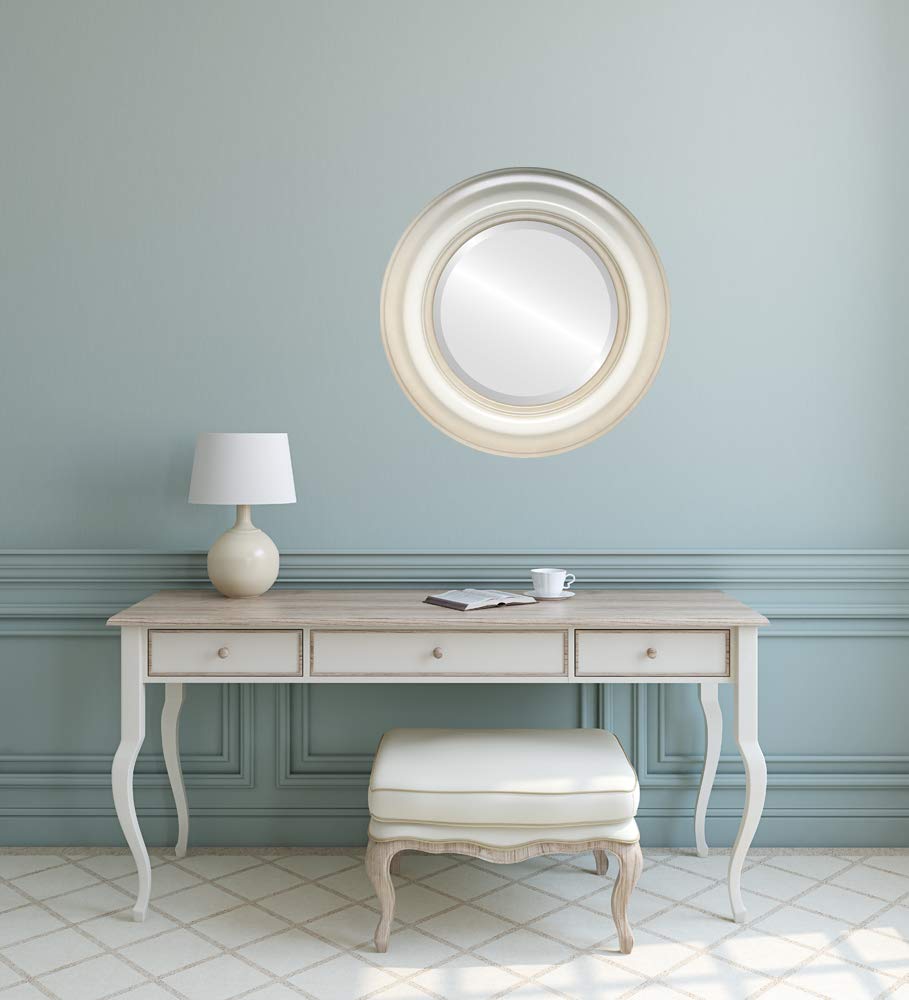 OVALCREST 29x29 Round Beveled Wall Mirror - Lancaster Style Taupe Framed Mirror for Living Room, Bedroom & Entryway Decor - Home Decorative Mirror with Beveled Edge