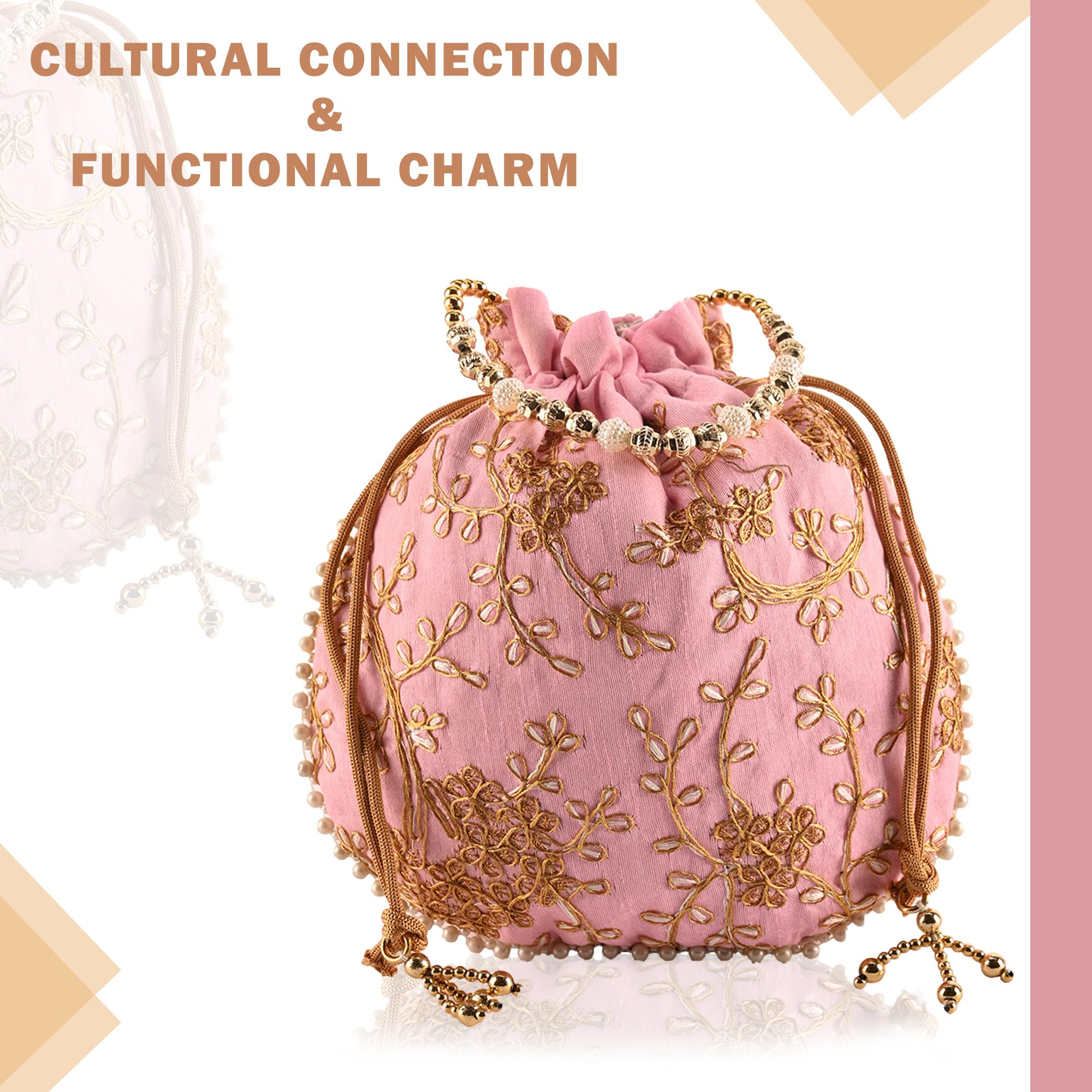 Kuber Industries Jute Potli Bags for Women - Embroidered Indian Traditional Handbags - 5 Pack Multicolor Drawstring Pouches for Wedding, Party & Gift Giving