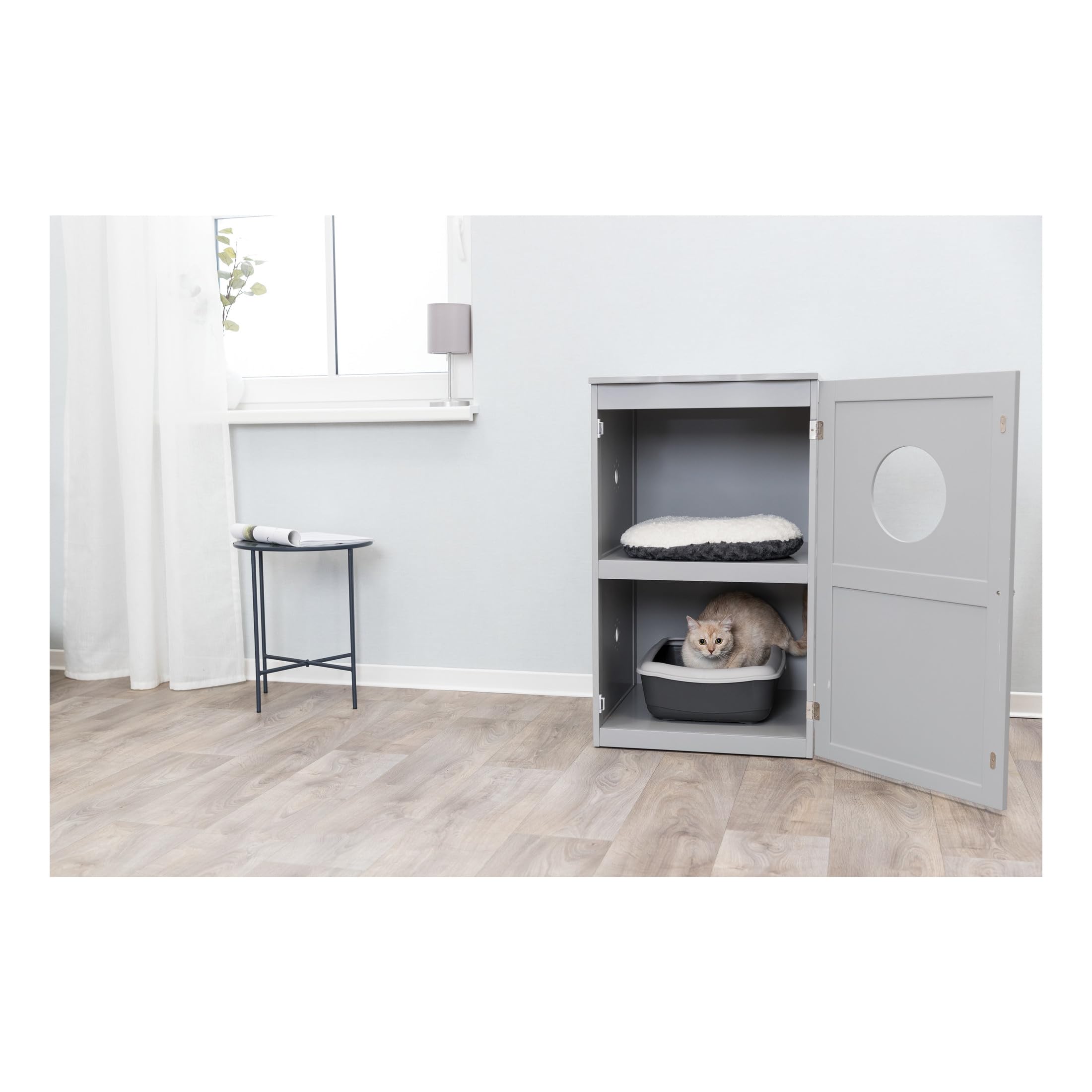 TRIXIE 2-Story Cat Litter Box Enclosure with Large Entry Hole - Hidden Double Layer Litter Box Furniture (Gray) for Easy Cleaning - Convertible to Side Table or Nightstand - Perfect for Small Spaces & Home Decor