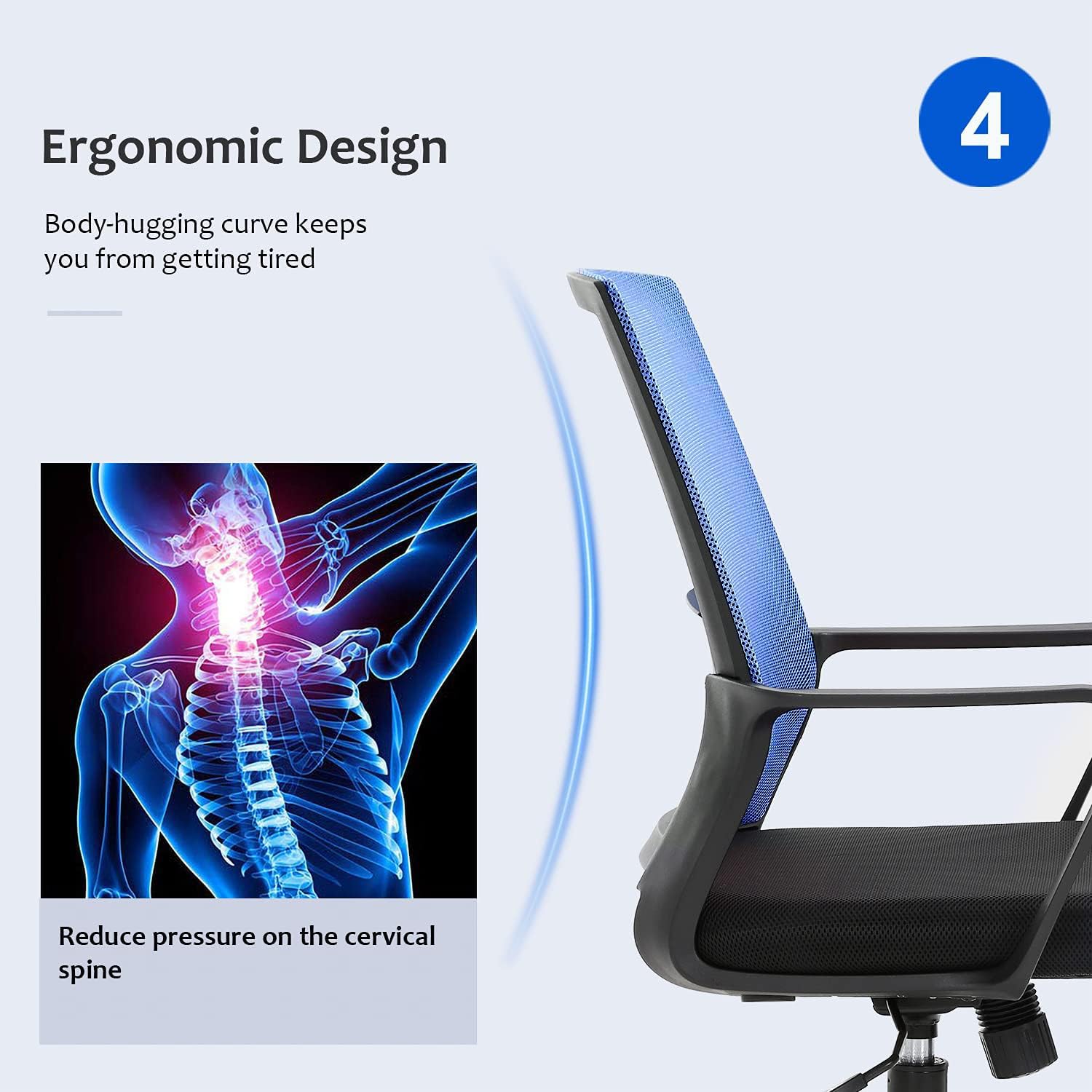 Ergonomic Office Chair with Lumbar Support - Adjustable Mesh Computer Desk Chair, Mid-Back Swivel Task Chair with Wheels & Armrests for Home Office, Modern Executive Chair (Blue) - Perfect for Long Work Hours, Gaming & Remote Work