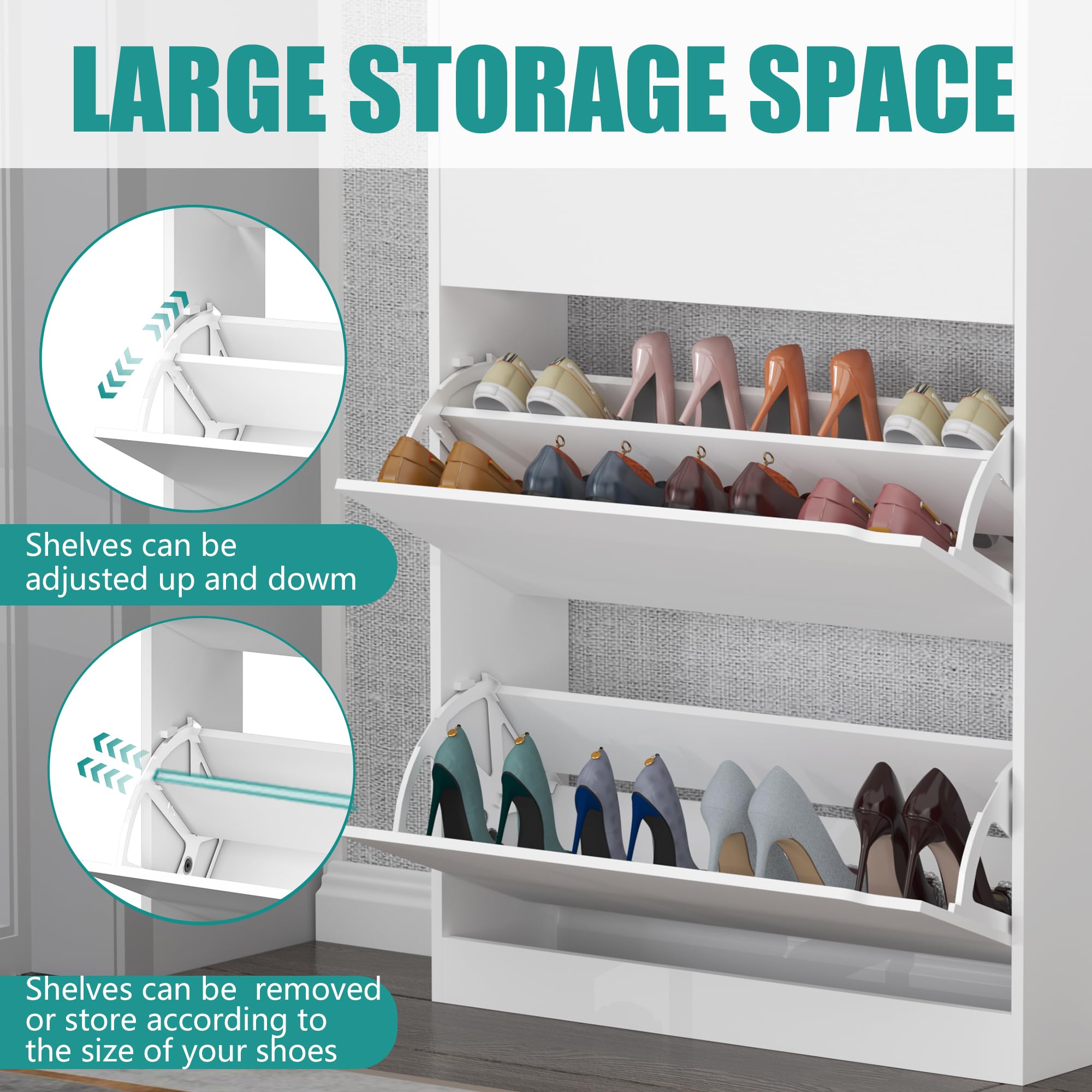 White Shoe Cabinet with 3 Flip Drawers - Entryway & Hallway Storage Organizer (9.33