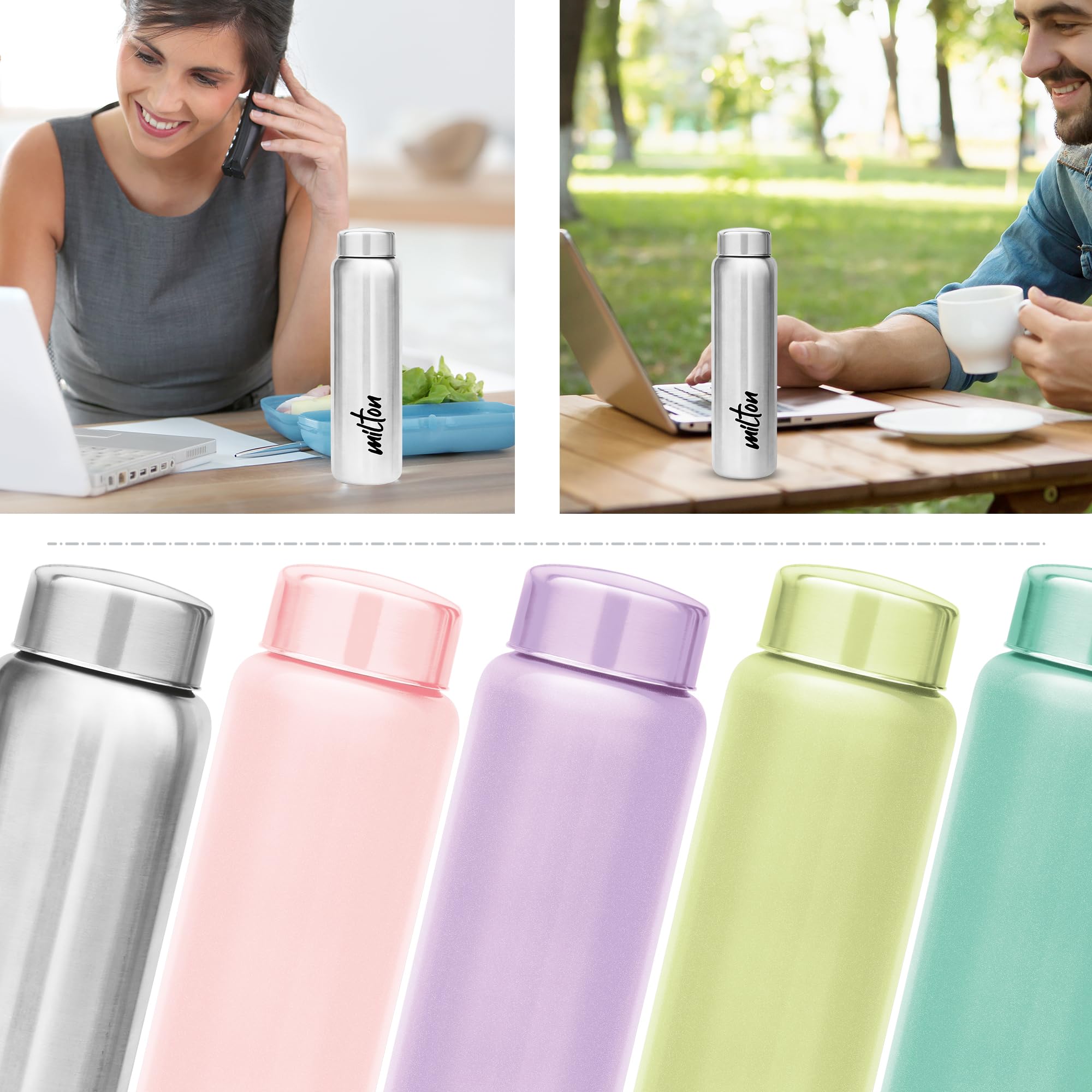 Milton Aqua 1000 Stainless Steel Water Bottle - 3 Pack (950ml Each) | Silver Leakproof Thermos | Perfect for Office, Gym, Hiking, Travel & Outdoor Activities | BPA-Free Insulated Water Bottle for Hot & Cold Drinks