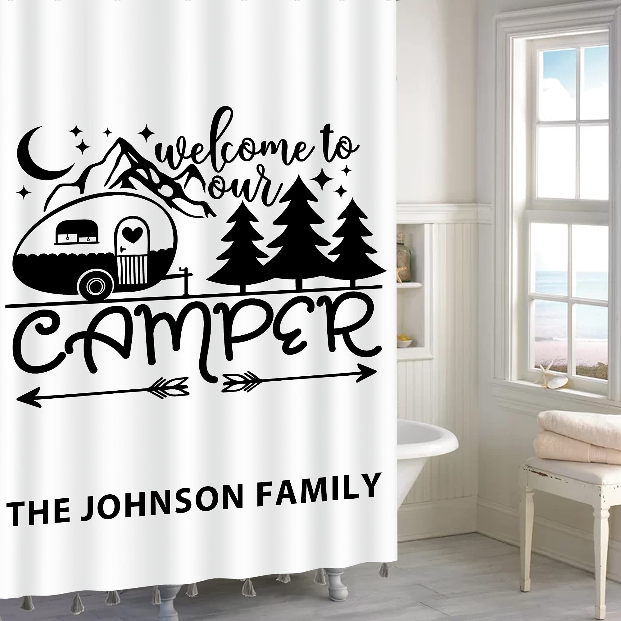 Custom RV Shower Curtain with Name - Happy Camper Decor for Travel Trailers & Camping Fun