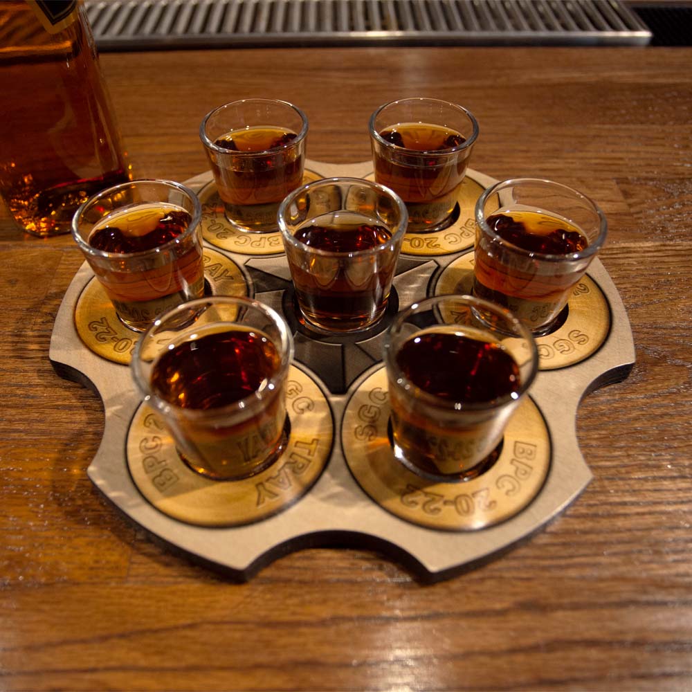 6 Shooter Wooden Shot Glass Holder & Bottle Topper Set - Revolver Cylinder Design for Whiskey, Bourbon, and Tequila - Perfect for Western Themed Parties, Man Cave Decor, and Cowboy Gifts