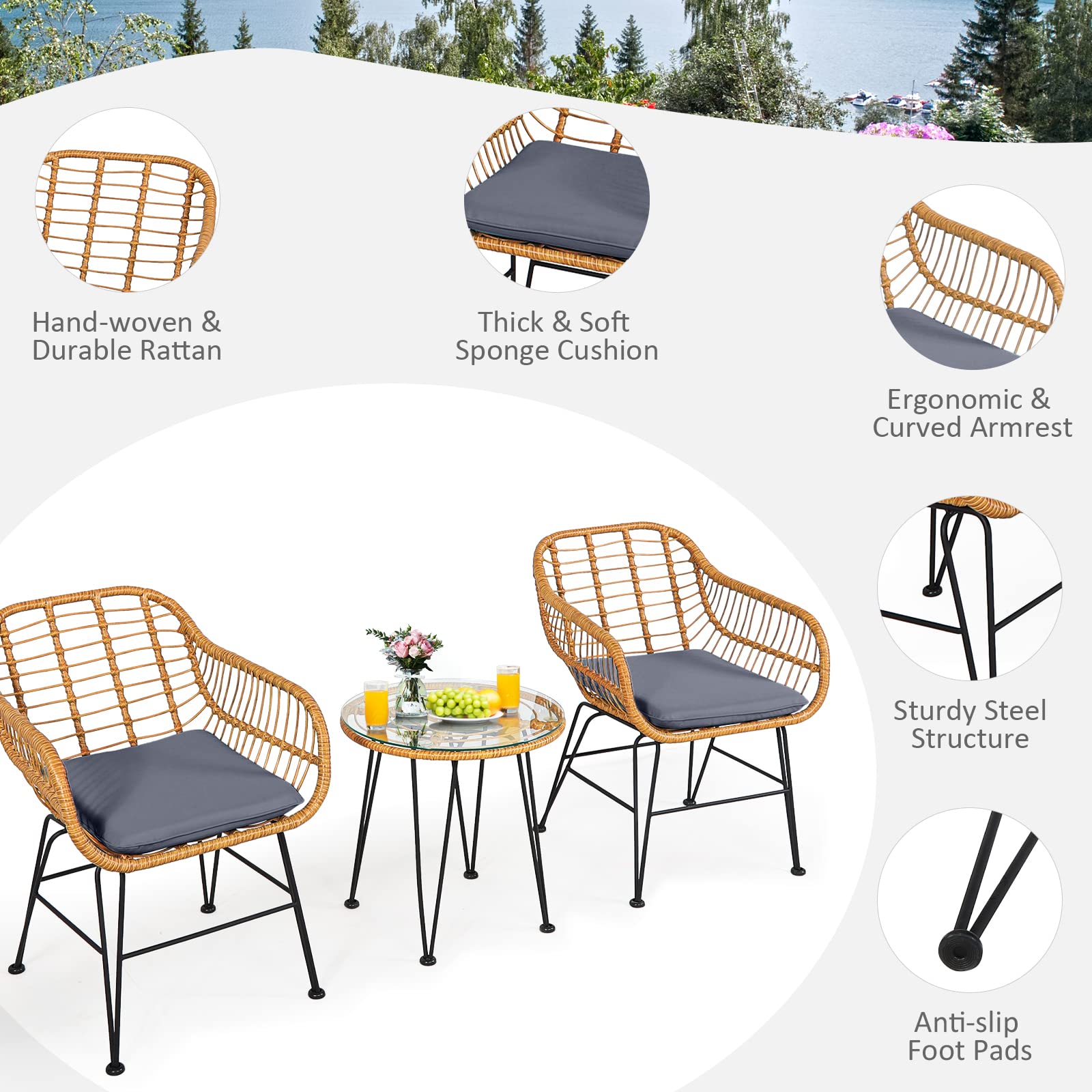 Tangkula 3-Piece Patio Bistro Set - Rattan Wicker Conversation Set with 2 Cushioned Armchairs & Round Glass Coffee Table - Indoor/Outdoor Furniture for Balcony, Backyard, Garden, Poolside - Perfect for Relaxing, Entertaining & Outdoor Dining