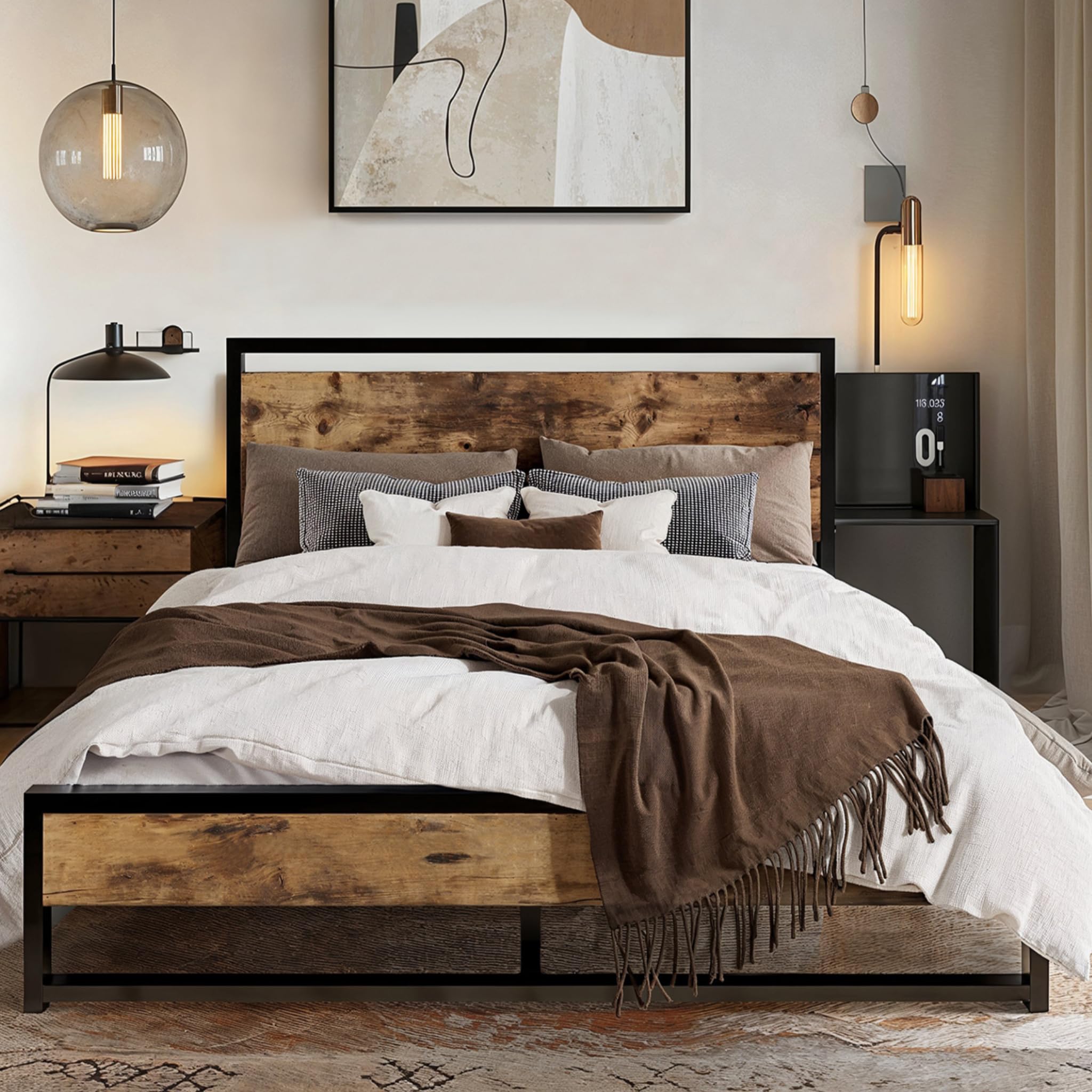 Allewie Full Bed Frame with Rustic Headboard & Footboard - Sturdy Metal Platform Bed Frame, No Box Spring Needed, Rustic Brown Finish - Perfect for Farmhouse, Cottage & Rustic Bedroom Decor