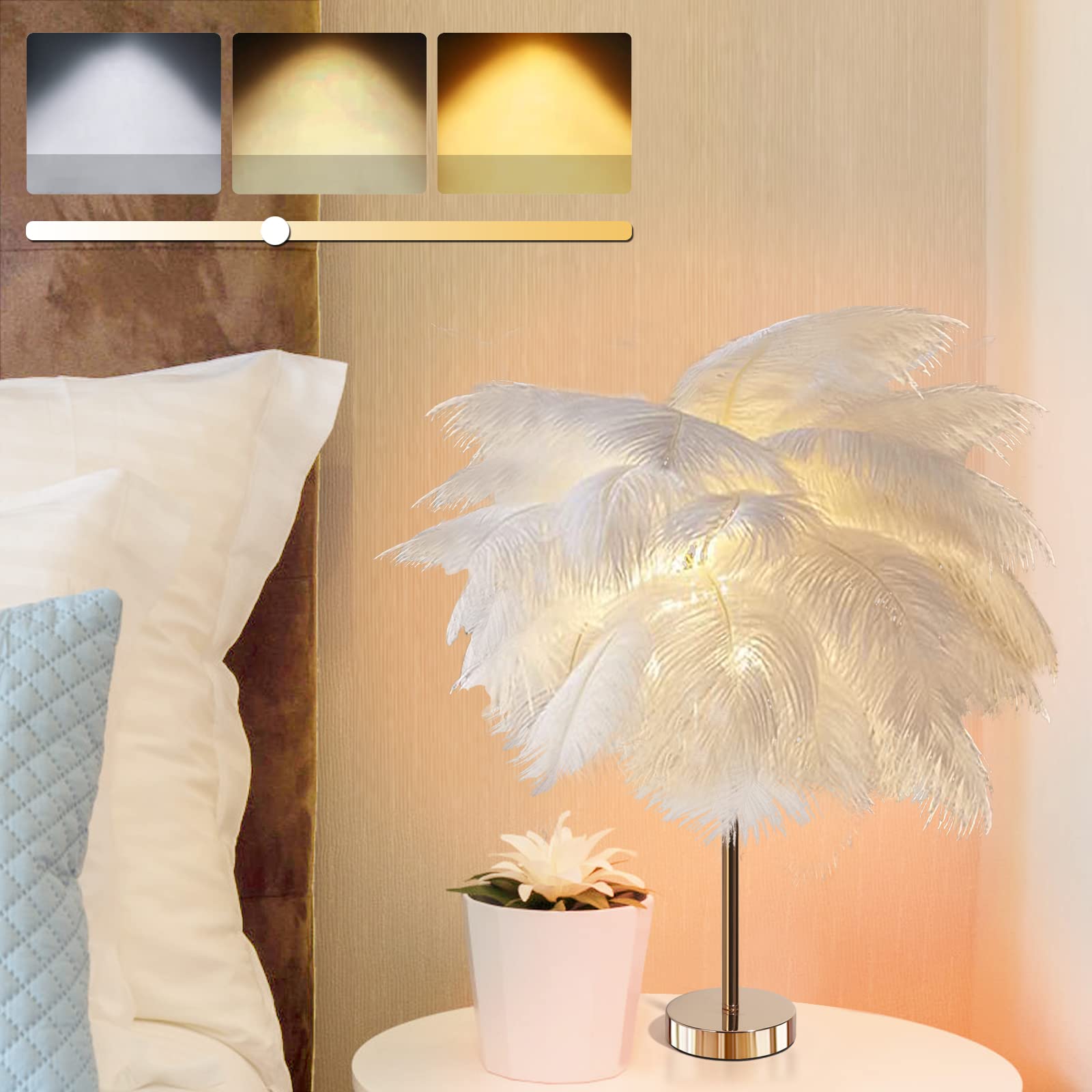 Modern 5-Light Ostrich Feather Table Lamp with Plug-in Wire - Golden Bedside Nightstand Lamp for Bedroom, Office Desk & Nursery Night Light (White) | Perfect for Cozy Reading Nook, Romantic Bedroom Ambience & Home Decor Lighting