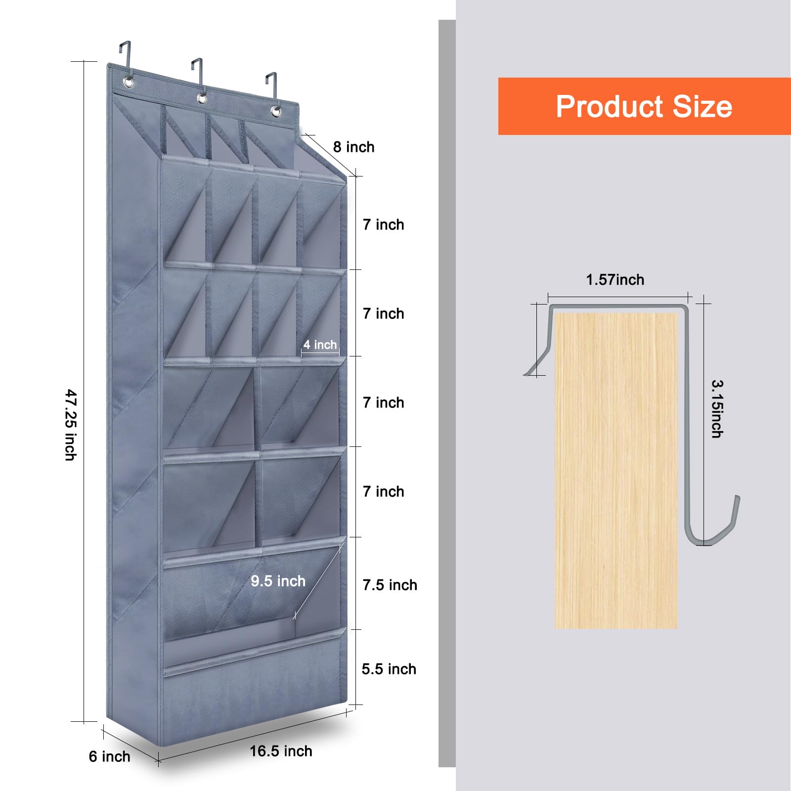 Over the Door Shoe Organizer - 17 Pocket Hanging Shoe Rack with Large Pockets, Space Saving Grey Closet Storage - Perfect for Bedroom, Closet, Entryway & Small Space Organization