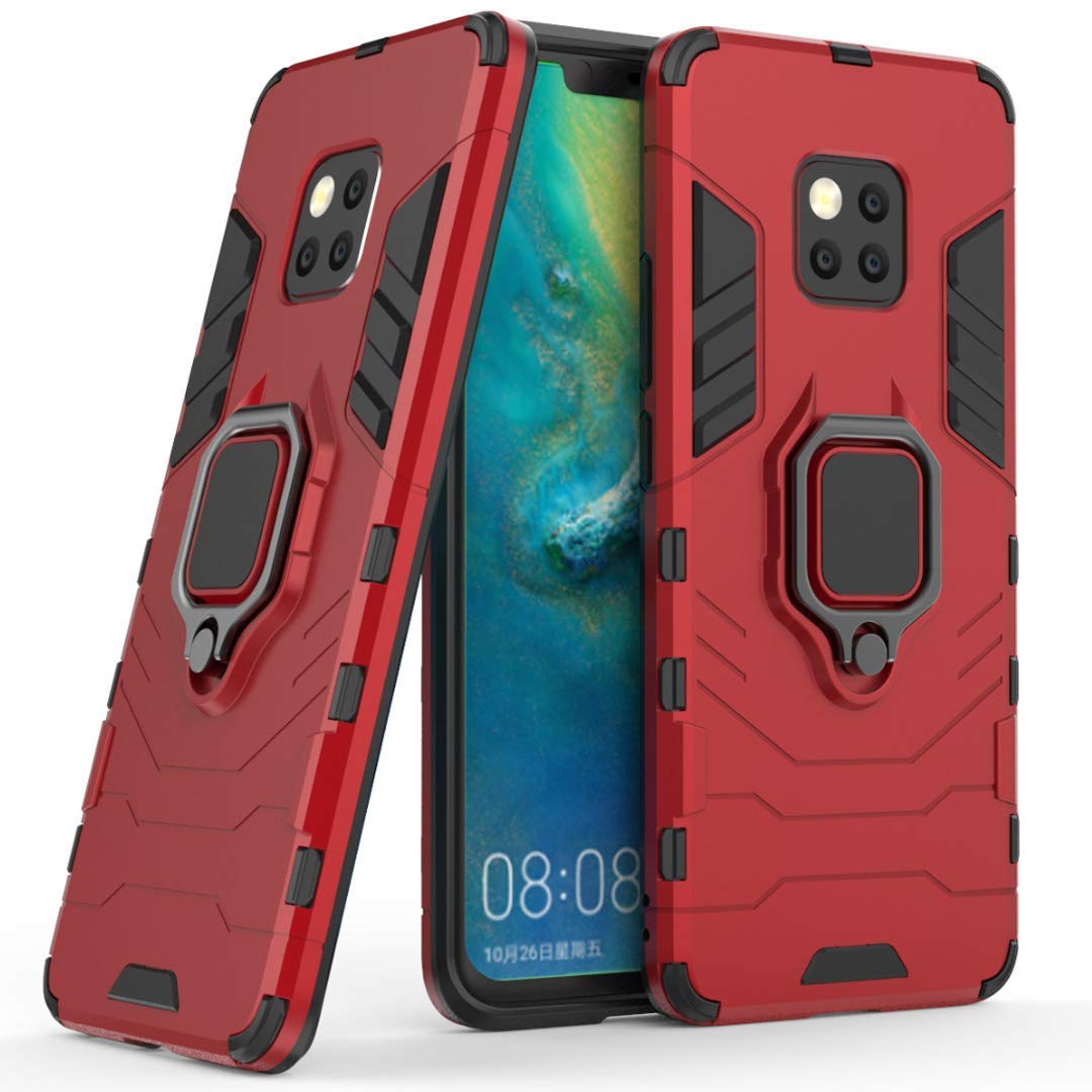 Shockproof Rugged Dual Layer Hard Case with Metal Ring Grip & Kickstand for Huawei Mate 20 Pro - Compatible with Magnetic Car Mount (Red) | Perfect for Outdoor Activities, Daily Protection & Hands-Free Viewing