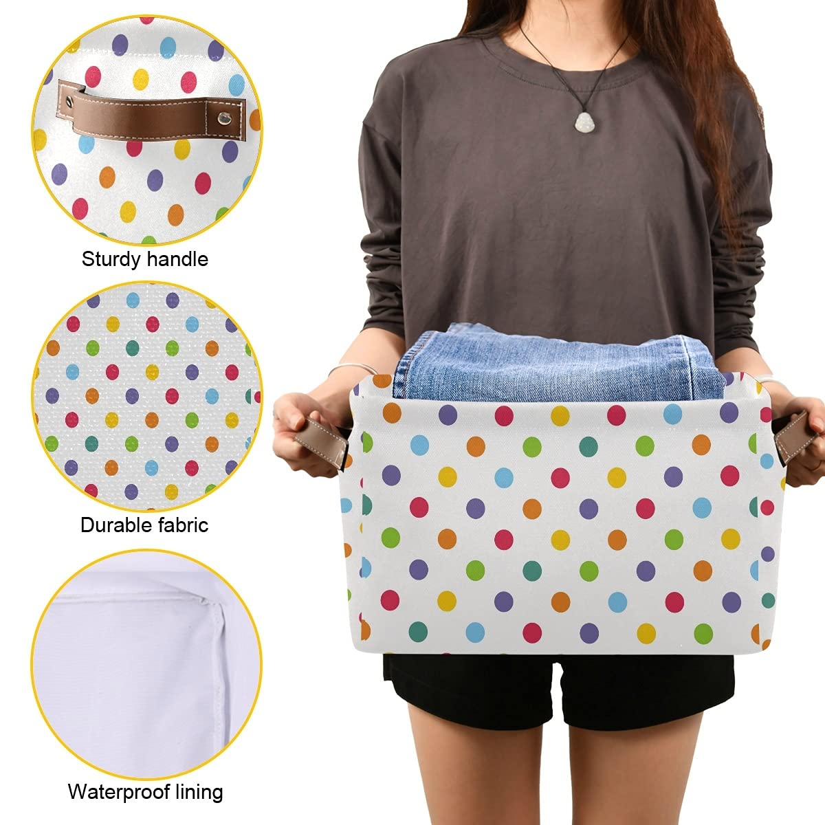 Rainbow Polka Dot Collapsible Storage Bins with Handles - Foldable Fabric Storage Cube Basket for Closet, Nursery, Bedroom & Home Office Organization (1 Pack) | Perfect for Toy Storage, Laundry Sorting & Shelf Organizing