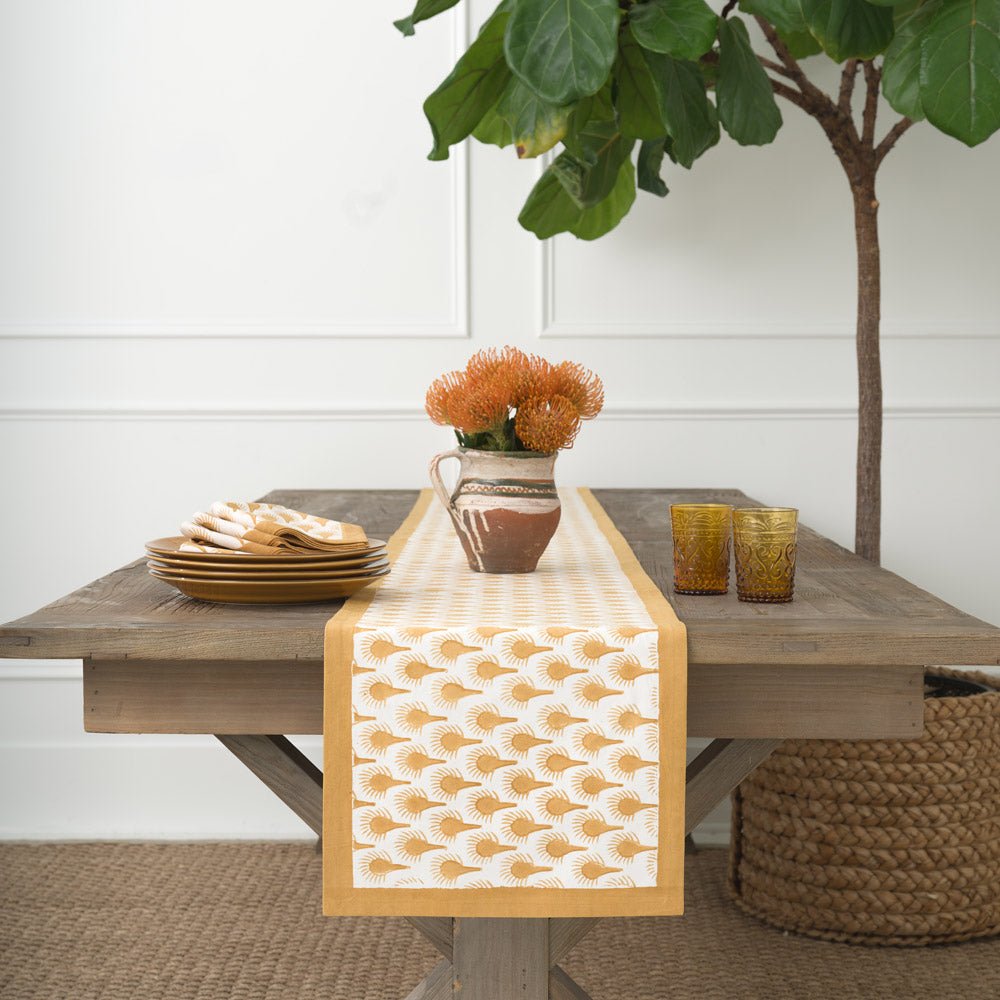Geo Feather Ochre Table Runner - Handwoven Boho Chic Dining Table Decor for Farmhouse, Rustic, and Modern Home Decor | Perfect for Thanksgiving, Christmas, and Dinner Parties