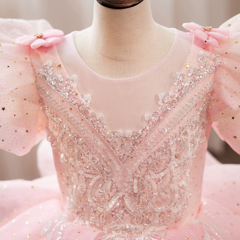 Pink Princess Round Floor Length Tulle Flower Girl Dress for Weddings, Birthday Parties & Special Occasions
