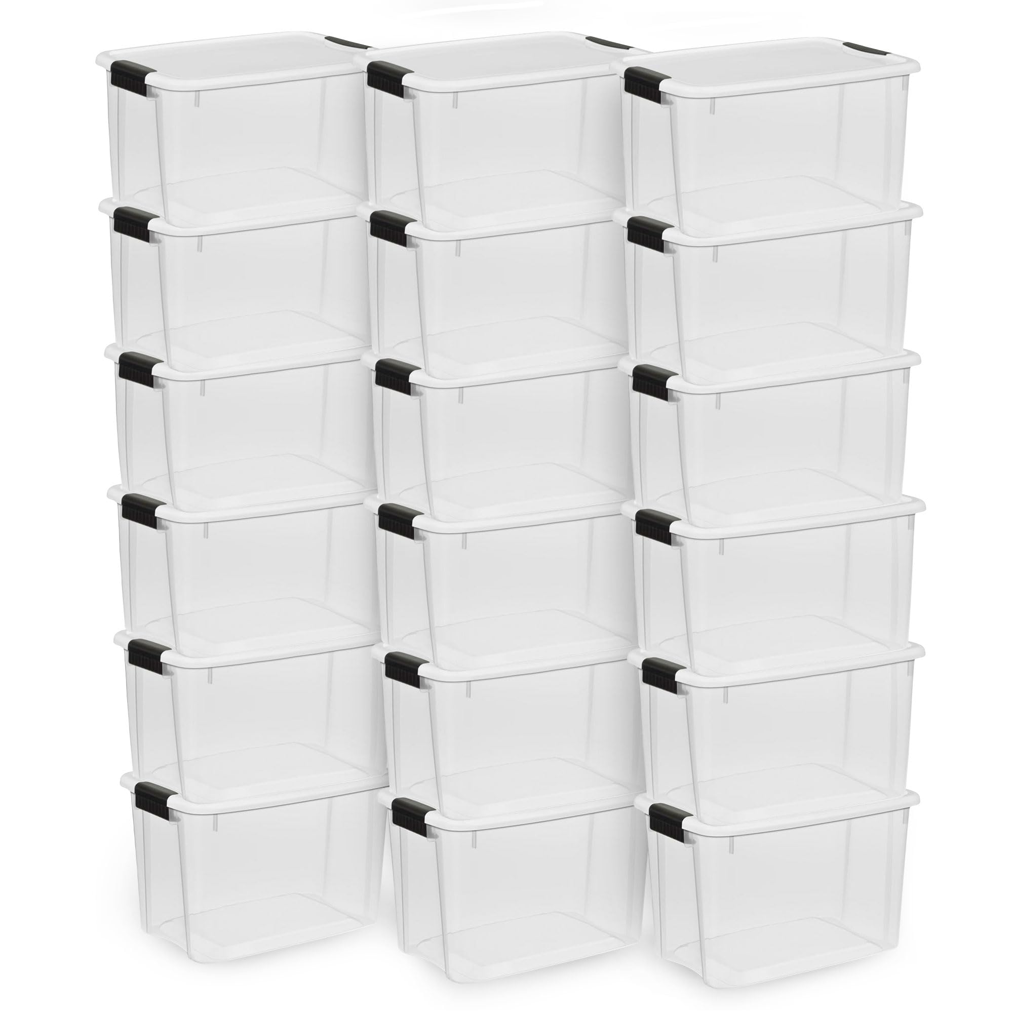 Sterilite 18-Pack 30 Quart Clear Plastic Storage Bins with Secure Latching Lids - Durable Stackable Organizer Containers for Home, Office, Closet & Garage Organization