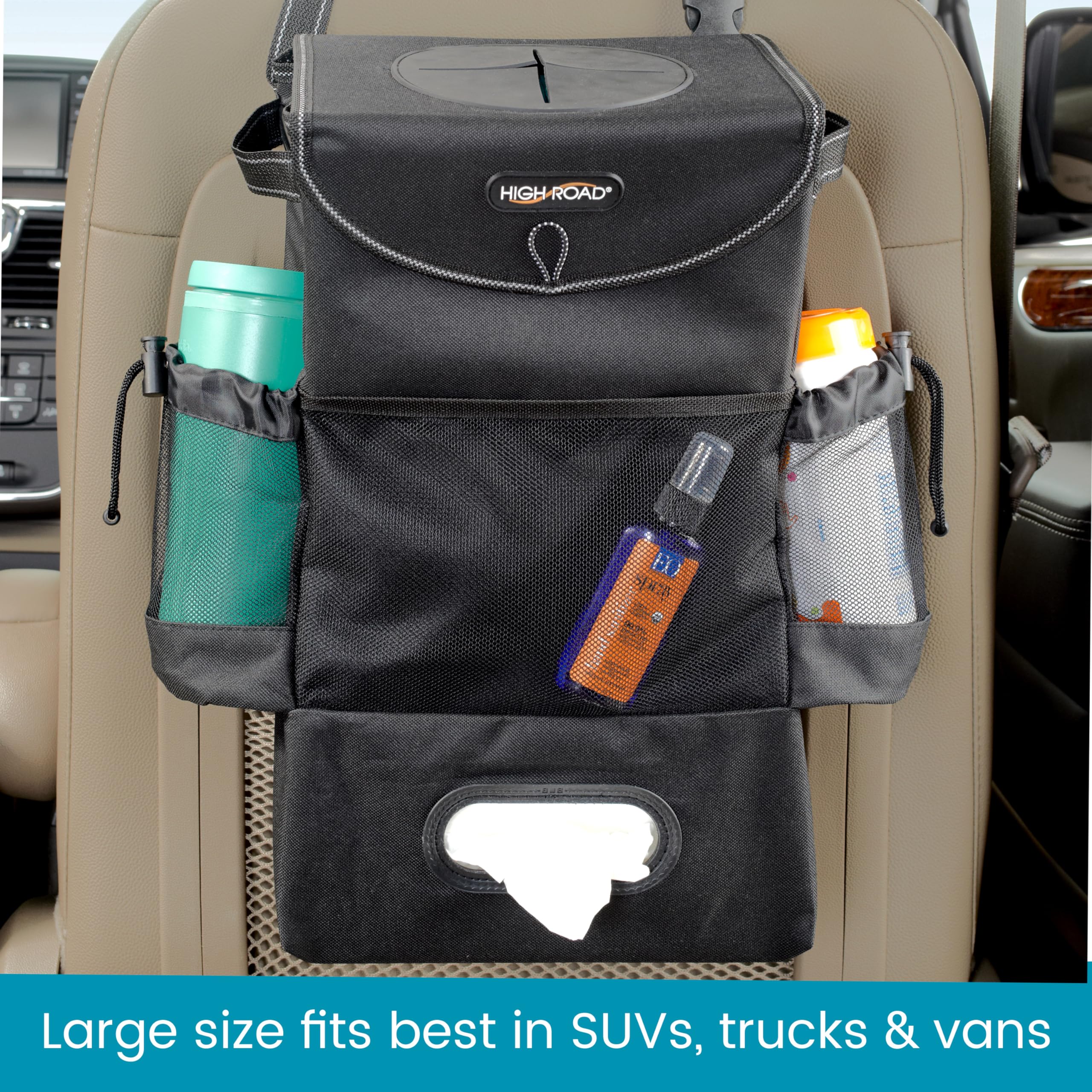 High Road StashAway Large Car Trash Can for Back Seat - 3 Gallon Auto Garbage Bin with Lid, Tissue Holder & Bottle Pockets - Seatback Organizer for SUVs, Trucks & Vans | Perfect for Road Trips, Family Travel & Daily Commute
