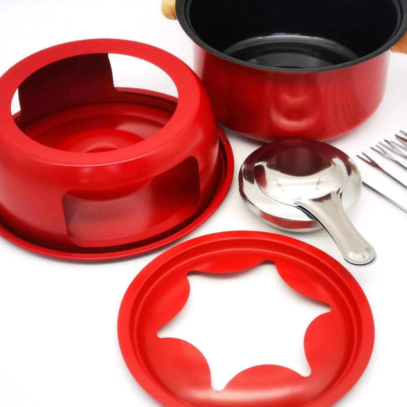 Premium Cast Iron Fondue Set - 6-Piece Multifunctional Steel Pot for Melting Cheese, Chocolate, Meat Broth & Ice Cream | Perfect for Parties, Family Gatherings & Romantic Dinners | Kitchen Accessories (Red)