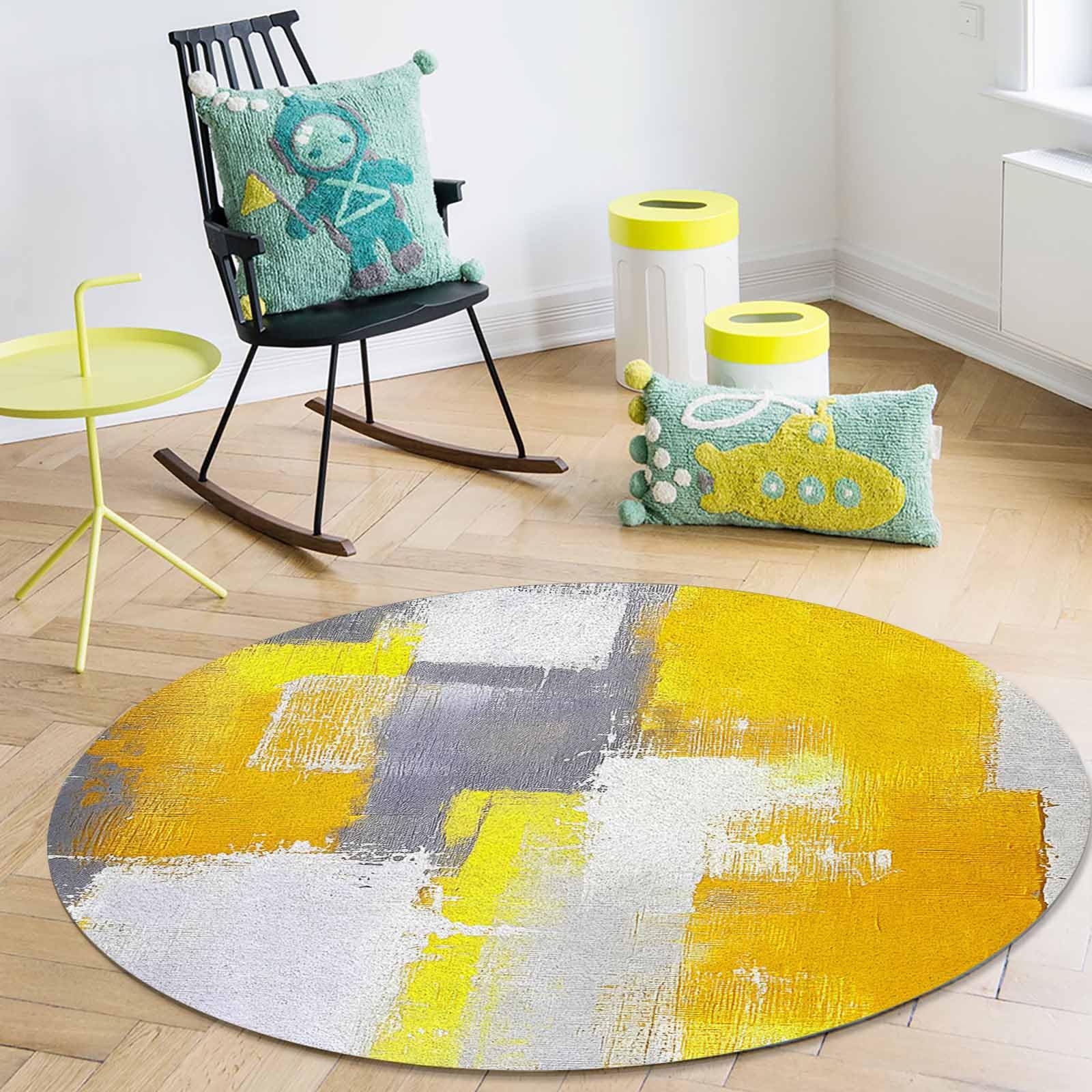 6 ft Yellow Round Abstract Modern Contemporary Area Rug - Non-Slip Floor Mat for Living Room, Playroom, Yoga & Home Decor - Soft Carpet for Boys & Girls