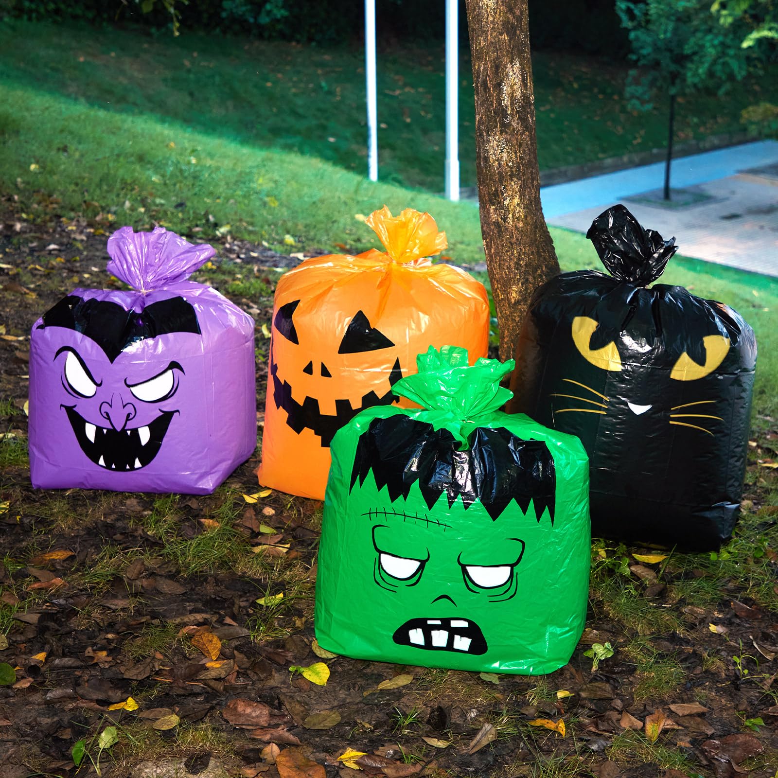 Qilery 4-Pack Extra Large Halloween Pumpkin Leaf Bags - Heavy Duty Reusable Plastic Lawn & Yard Waste Bags with Twist Ties | Fall Decor, Garden Cleanup, Outdoor Party Supplies & Trick-or-Treat Goodie Bags for Halloween Celebrations