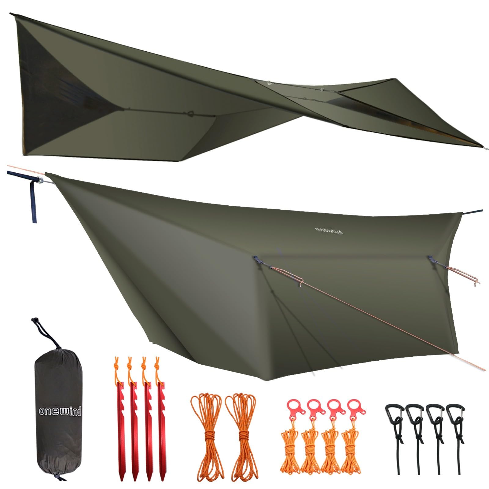 OneWind 12x10 ft Ultralight Silnylon Hammock Rain Fly - Waterproof Camping Tarp with Doors, Easy Setup with Stuff Sack & Tent Stakes (OD Green) - Perfect for Backpacking, Hiking, and Outdoor Shelter