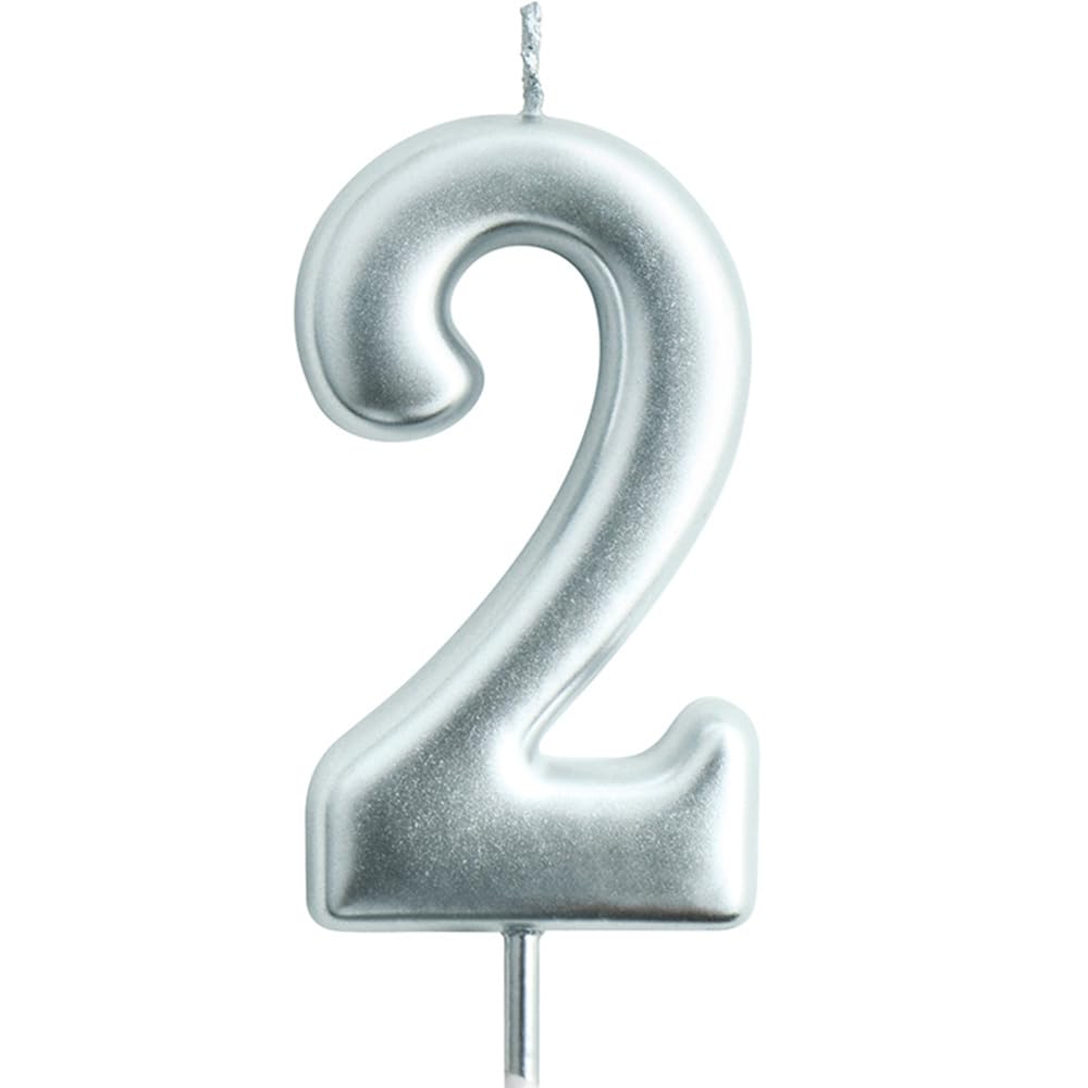 2nd Birthday Candle - Large 2.76 Inch Silver Number 2 Candle for Cake Decorations | Perfect for Birthday Parties, Anniversaries & Special Celebrations | Ideal for Kids' 2nd Birthday Cakes, Wedding Anniversaries & Milestone Celebrations