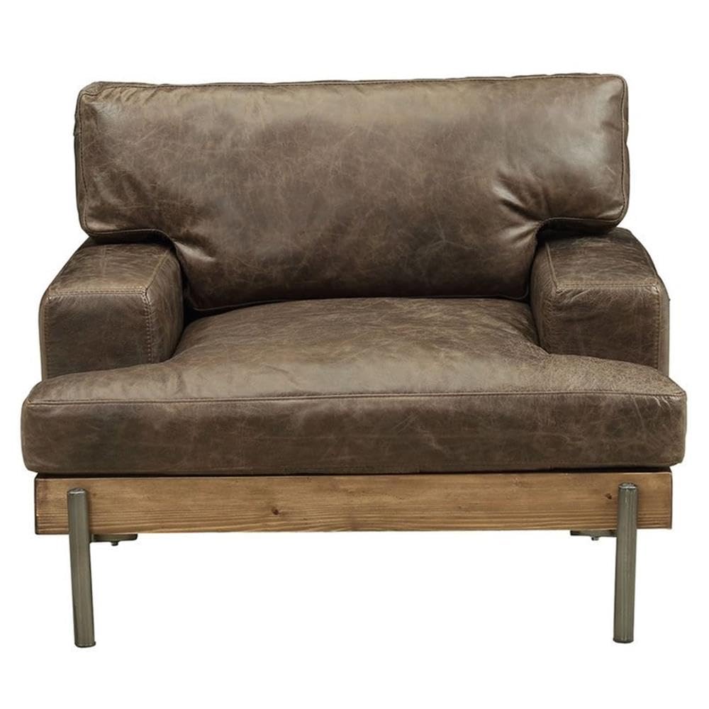 Acme Silchester Genuine Leather Accent Chair - Distressed Chocolate Brown with Oak Wood Frame | Perfect for Living Room, Office or Reading Nook