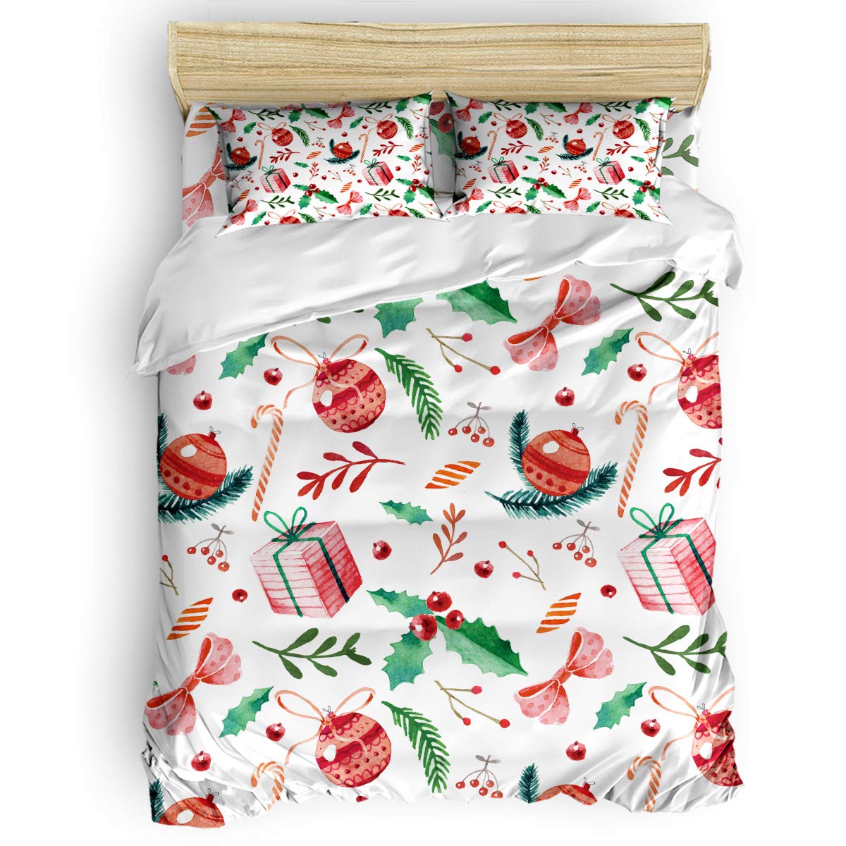 4-Piece Christmas Bedding Set - Watercolor Candy Cane Poinsettia Holly Bow-Knot Design Duvet Cover Set with 1 Quilt Cover, 1 Flat Sheet & 2 Pillowcases for Twin Bed - Perfect for Kids, Children & Adults Holiday Decorations - Cozy Winter Bedroom Upgrade for Christmas Celebrations