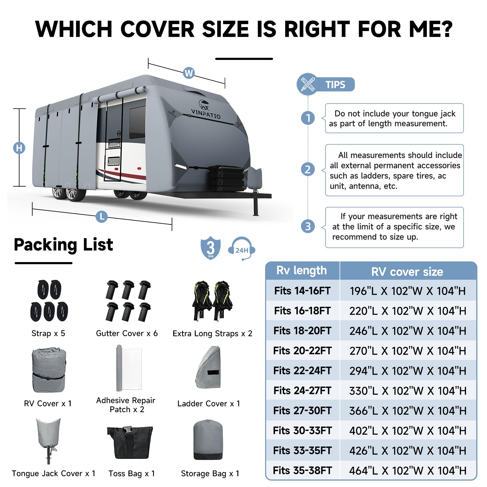 Heavy Duty 7-Layer RV Cover for 16'-18' Travel Trailers & Toy Haulers - Waterproof, Windproof with Tongue Jack Cover & Extra Straps - Perfect for Outdoor Storage, Winter Protection, and Long-Term RV Shelter