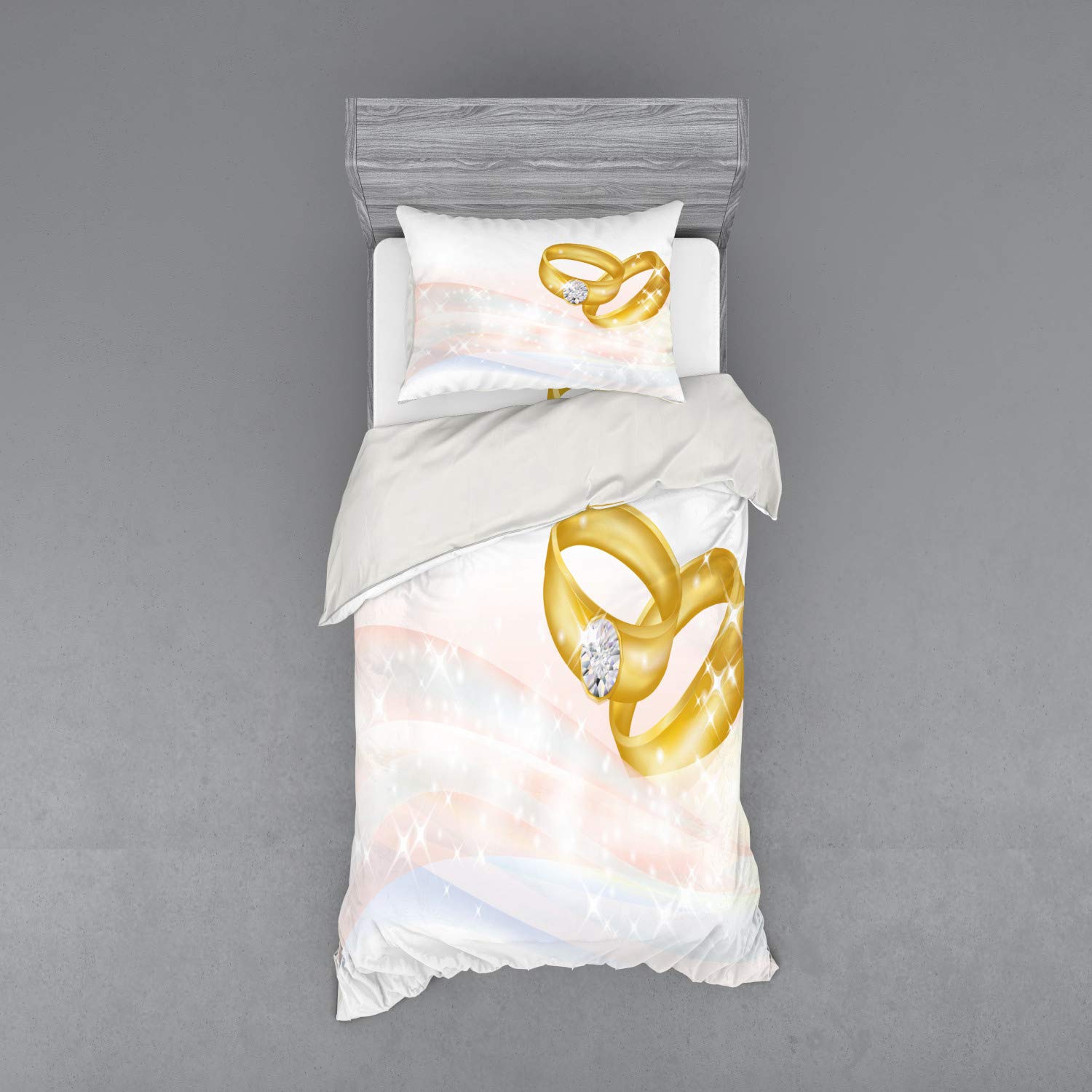 Ambesonne Wedding Bedding Set - 3 Piece Duvet Cover with Sham & Fitted Sheet, Twin Size, Pale Blue & Pink Abstract Ring Design | Romantic Marriage Engagement Gift for Couples | Perfect for Honeymoon Suites & Anniversary Presents